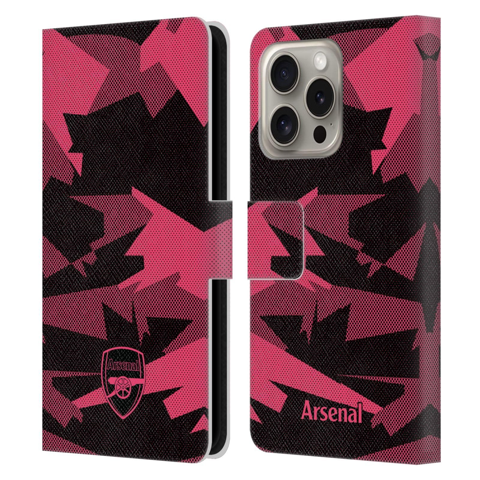 Head Case Designs Officially Licensed Arsenal FC Geometric Pink Crest and Gunners Logo Leather Wallet Case Compatible With Apple iPhone 16 Pro