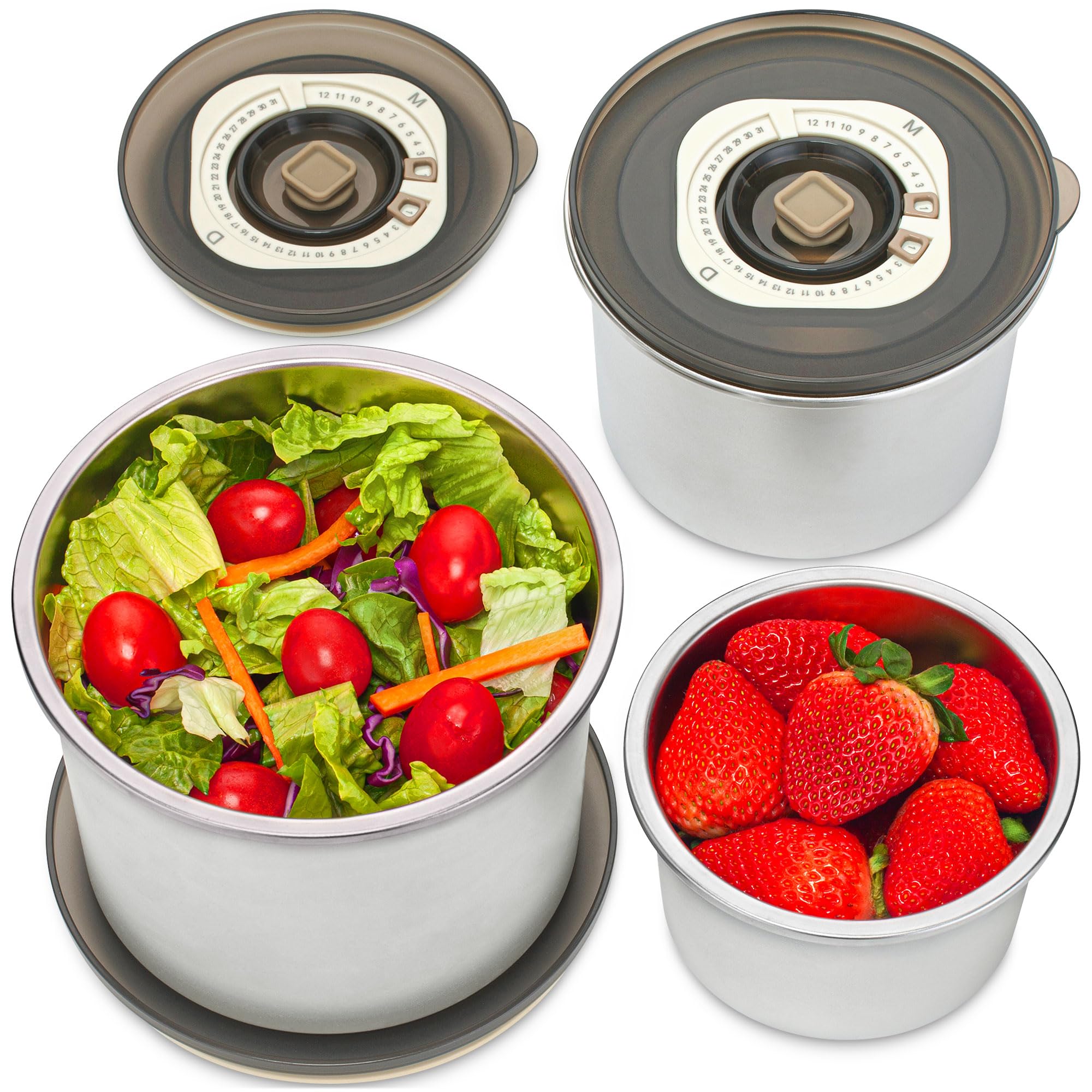 Everusely Vacuum Sealed Food Containers - Large Set of 3 Stainless Steel Metal Lunch Storage with Silicone Lids - Non-Plastic, Leakproof, Food Grade - Fridge/Freezer Kitchen Nesting Bowls