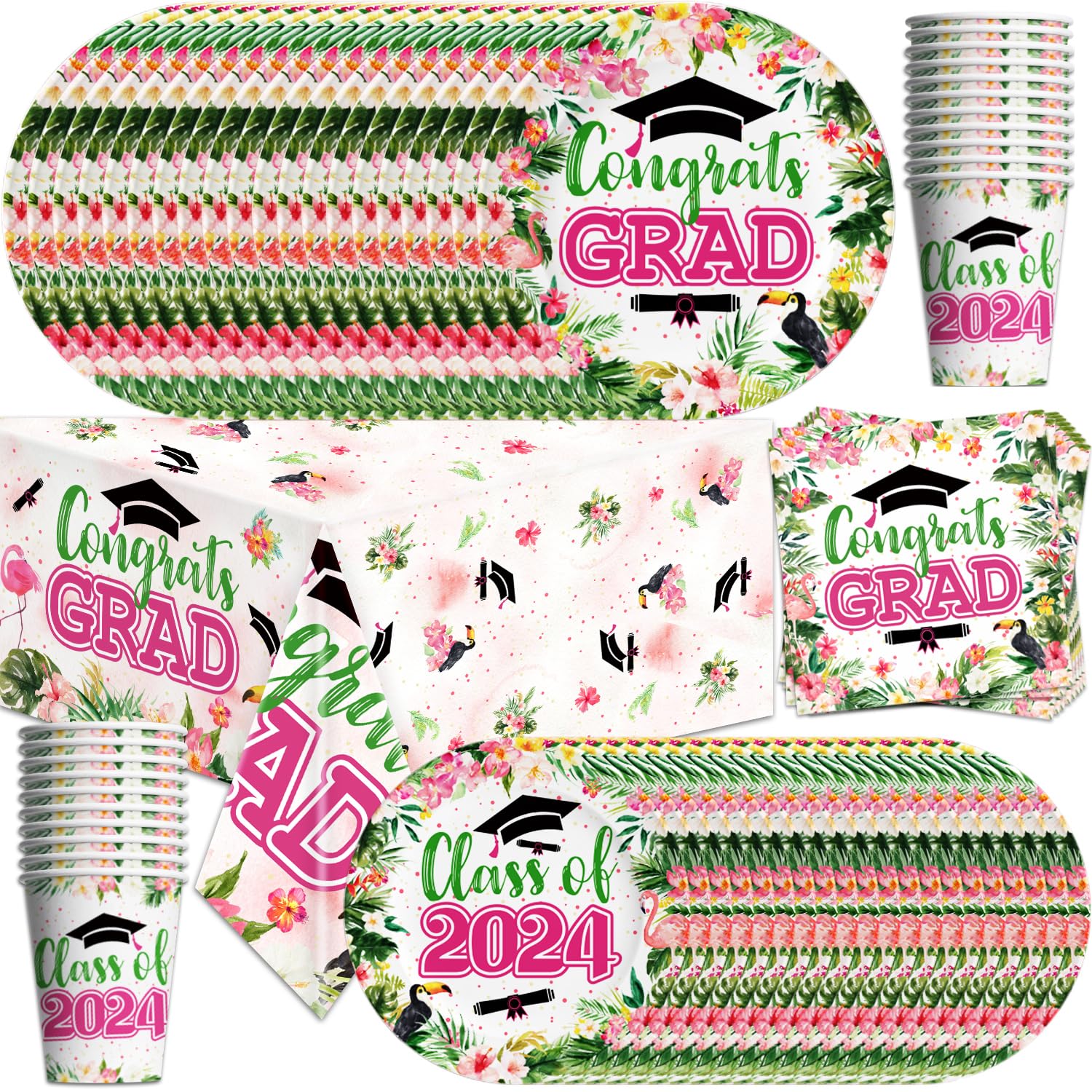 81pcs Aloha Hawaiian Graduation Party Decorations Tableware Luau Graduation Party Decorations 2024 Set Include Plates,Napkins,Cups and Tablecloth for Summer Tropical Grad Party Supplies