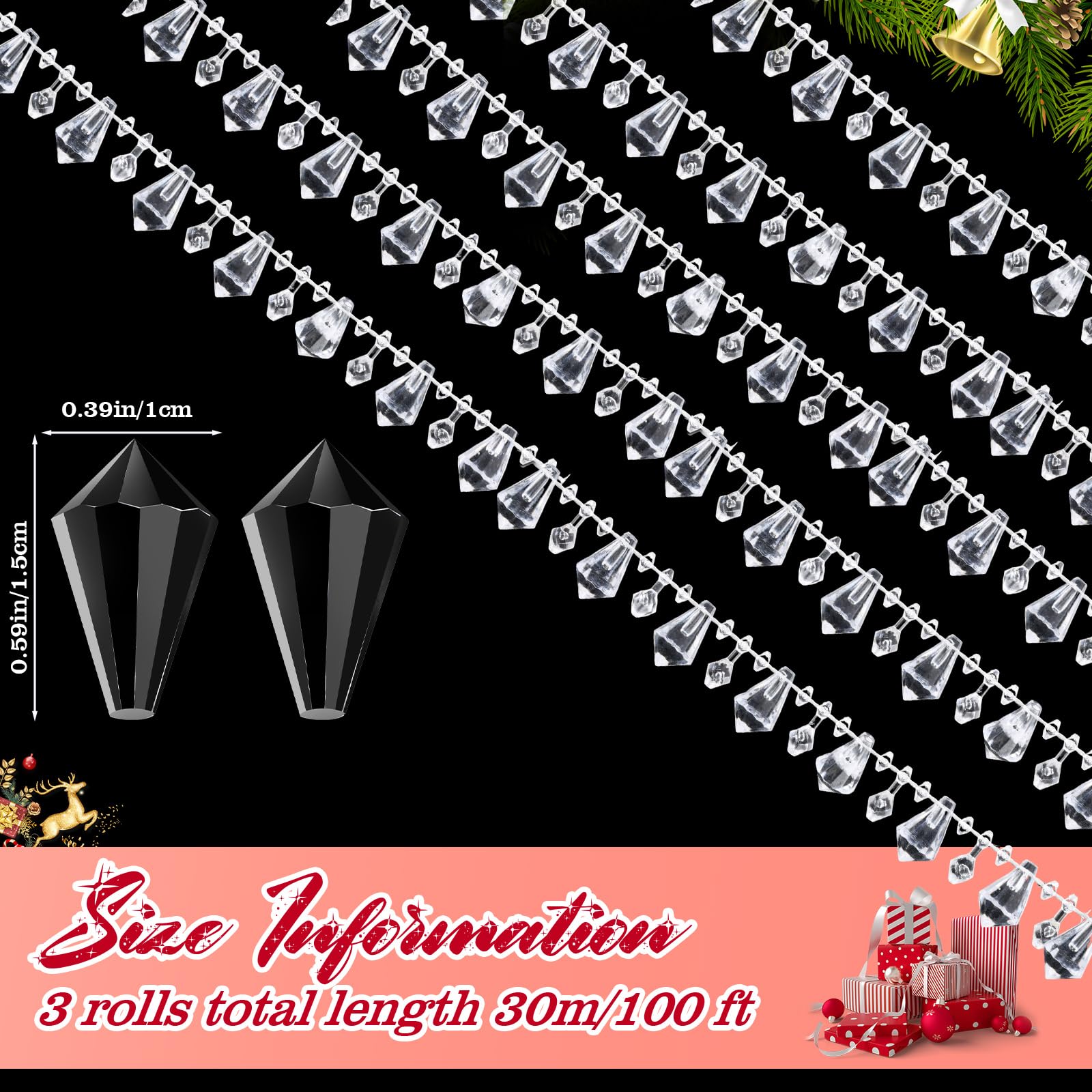 Geetery 3 Rollen Weihnachtsgirlande, Acryl, DIY-Girlande, Diamant-Kristallschnur, schimmernde Perlen-Girlande, Weihnachtsbaum, Kristall-Girlande, Stränge für Weihnachten, Hochzeit, Party, Dekoration,