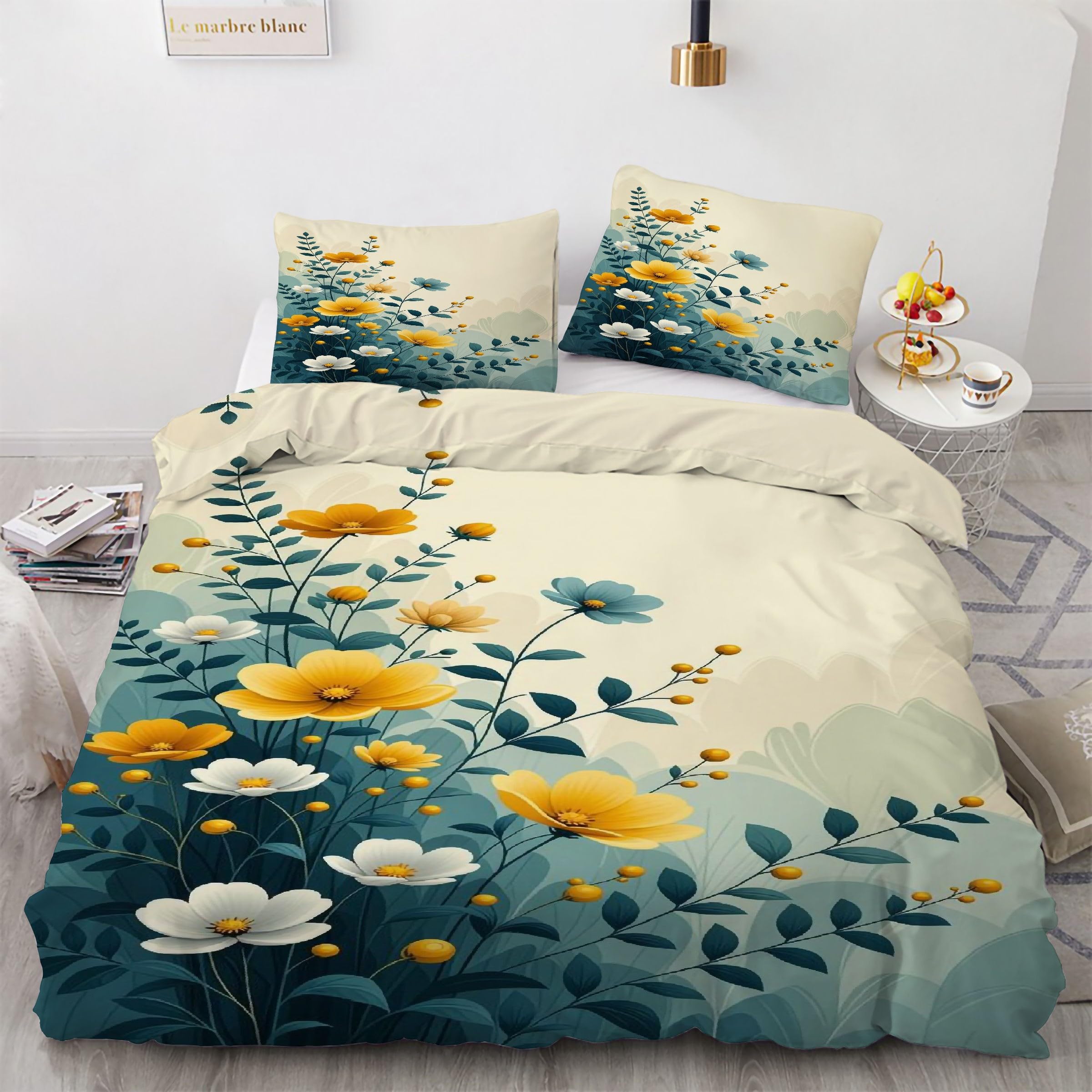 Housse de couette 220x240 fleurs facile à enfiler avec fermeture éclair anti-glissement