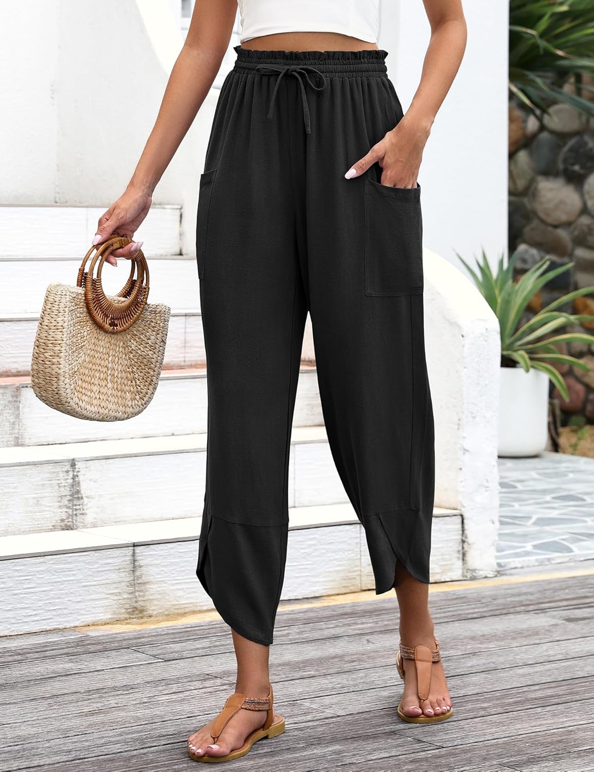 LOMON Women Linen Palazzo Pants Boho Wide Leg Elastic Waisted Casual Capri Pant Summer Harem Lounge with Pockets - Image 3