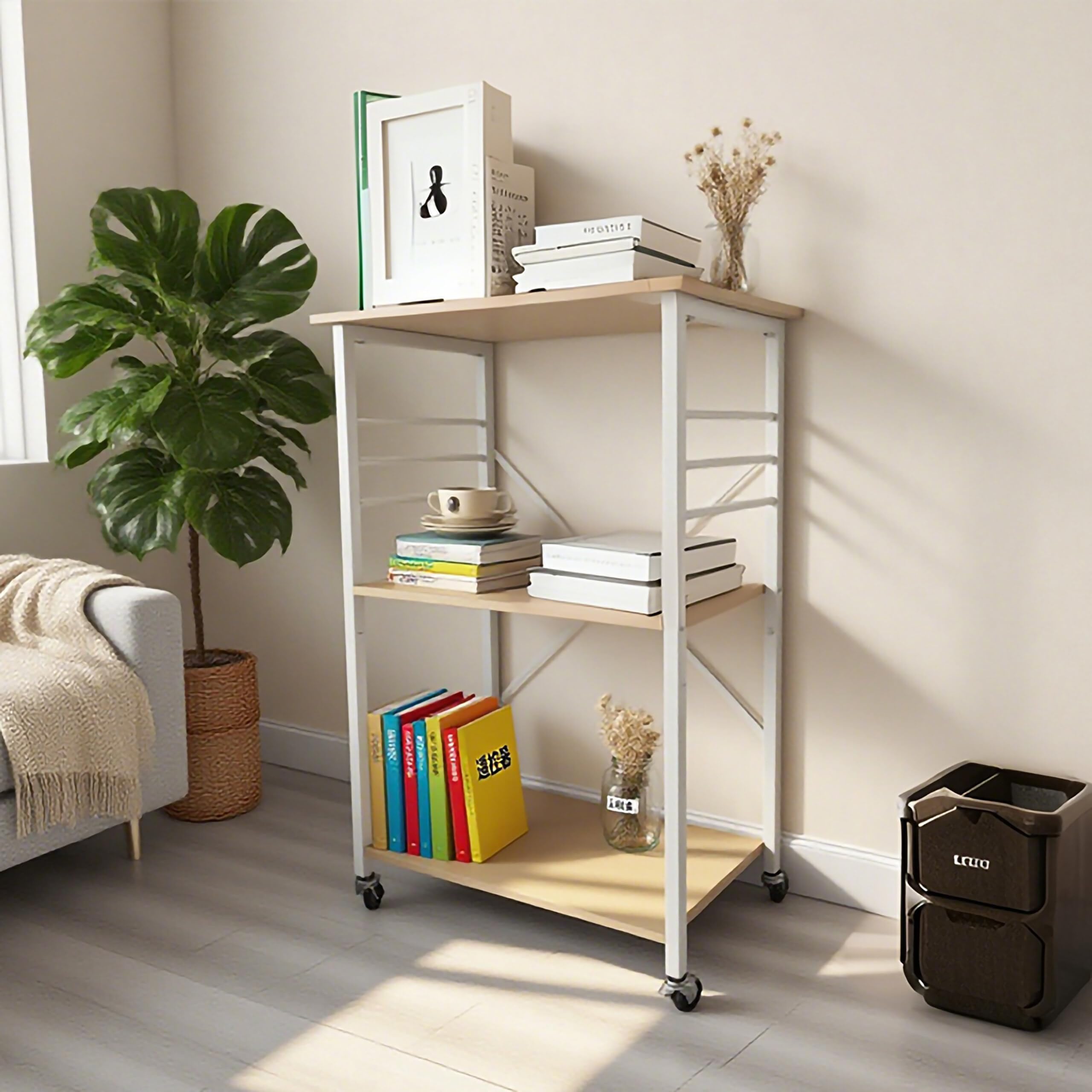 Relaxdays Carrello da Cucina, 3 Ripiani, 6 Ganci, Metallo, casa e Ufficio, HLP: 89x60x40 cm, Effetto Legno/Bianco