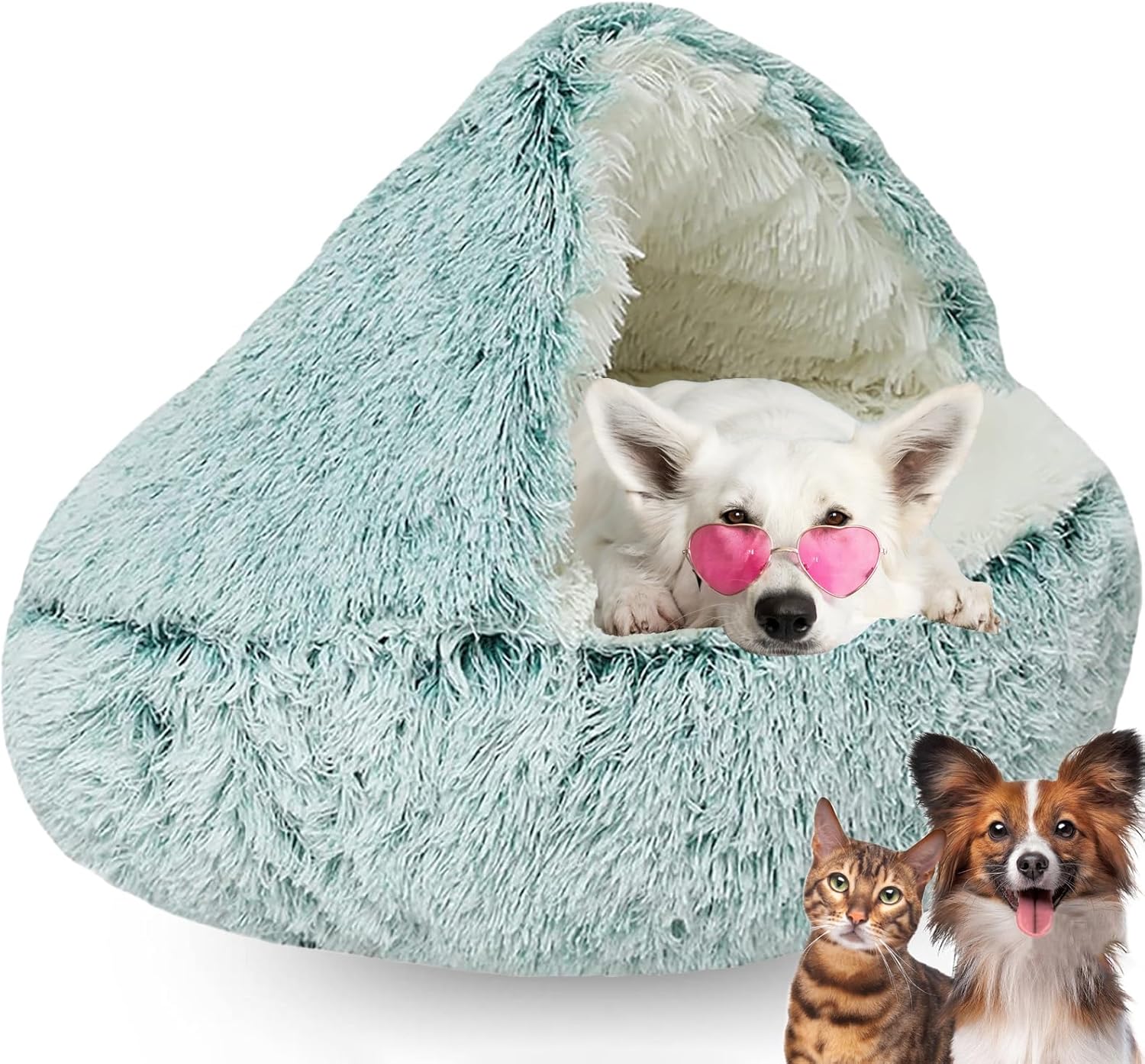 Cozy Ball Dog Bed Alming Dog Cat Beds Washable with Hooded Cover for Small Dog & Kitty Warmth and Security(Green,25.59in)