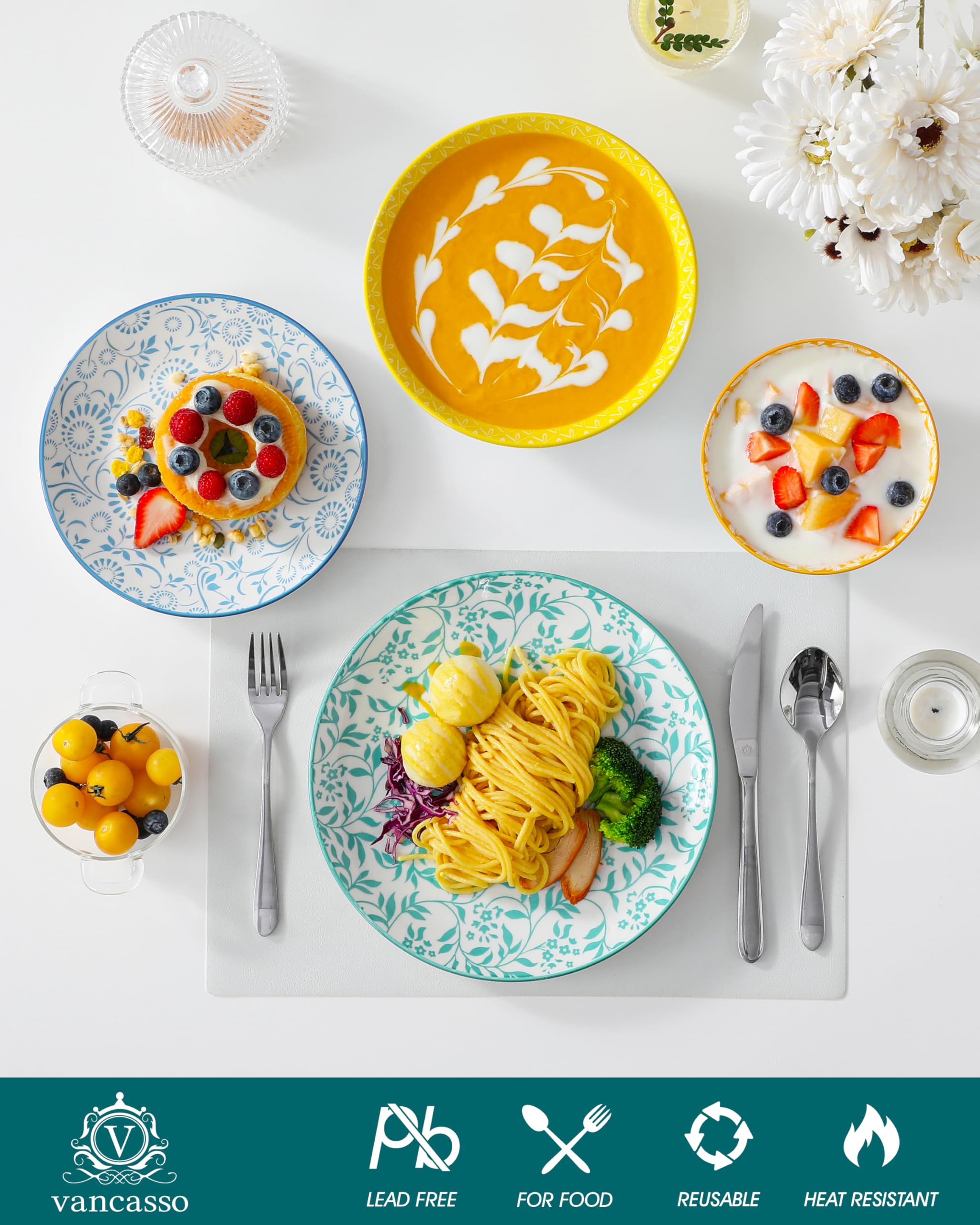vancasso SELENE Vajillas Completas 6 Personas, Juego de 24 Piezas Vajillas en Porcelana Pastel - 6 Platos Llanos, 6 Platos de Postre, 6 Cuencos para Pasta y 6 Cuencos, Apto para Lavavajillas
