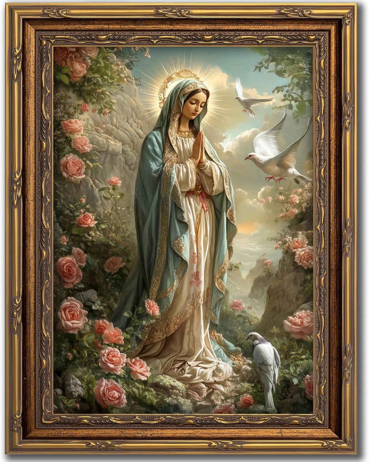 FGQ Vintage Gold Framed Blessed Mother Art Canvas Wall Art Virgin Mary Among Roses Painting Artwork Catholic Prints Our Lady of Guadalupe Portrait Poster Christian Gifts Religious Picture 12x16inch
