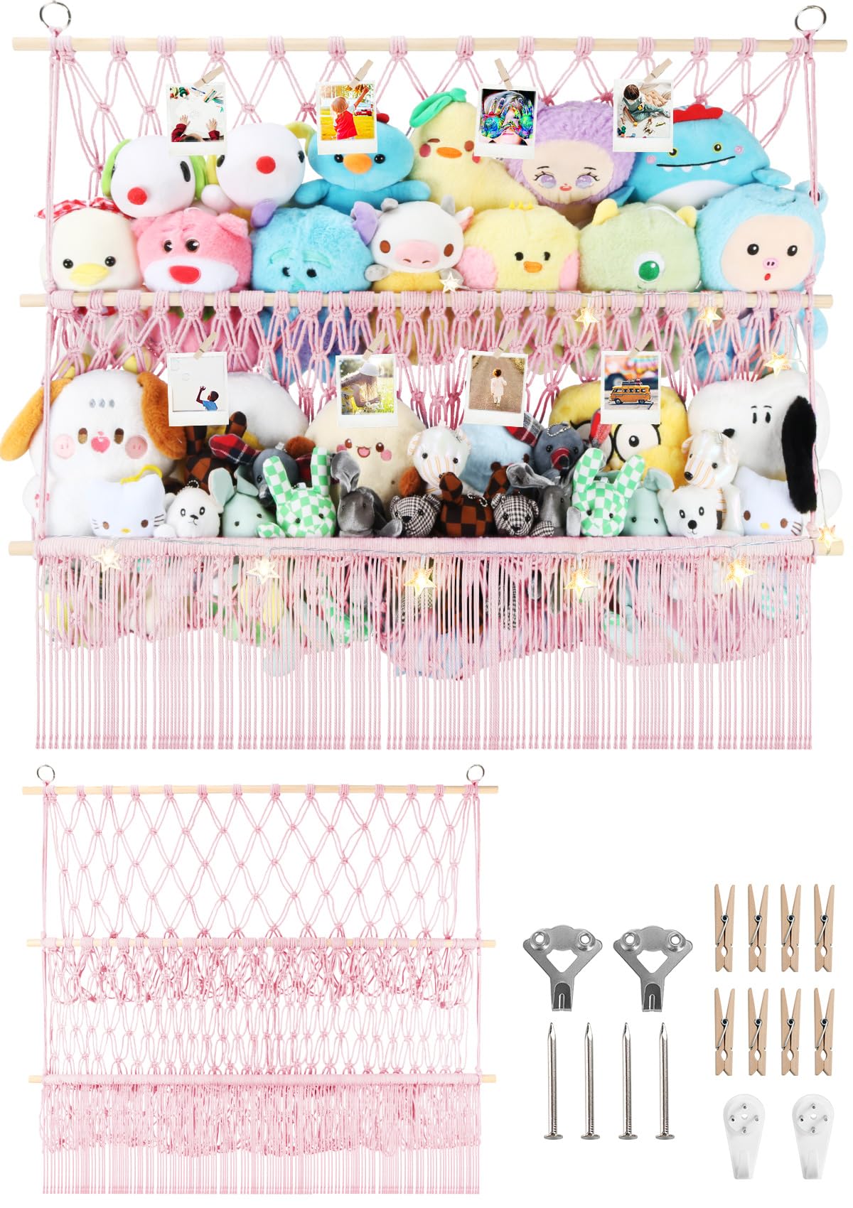 Photo 1 of 2 Tier Stuffed Animal Storage Shelf Net, 35x30'' Large Plushie Net w/ 2.4/1'' Dense Mesh for Mini Medium Stuffy Teddy, Pink Boho Macrame Plushies Storage Holder w/ Lights&Clips for Nursery Decor