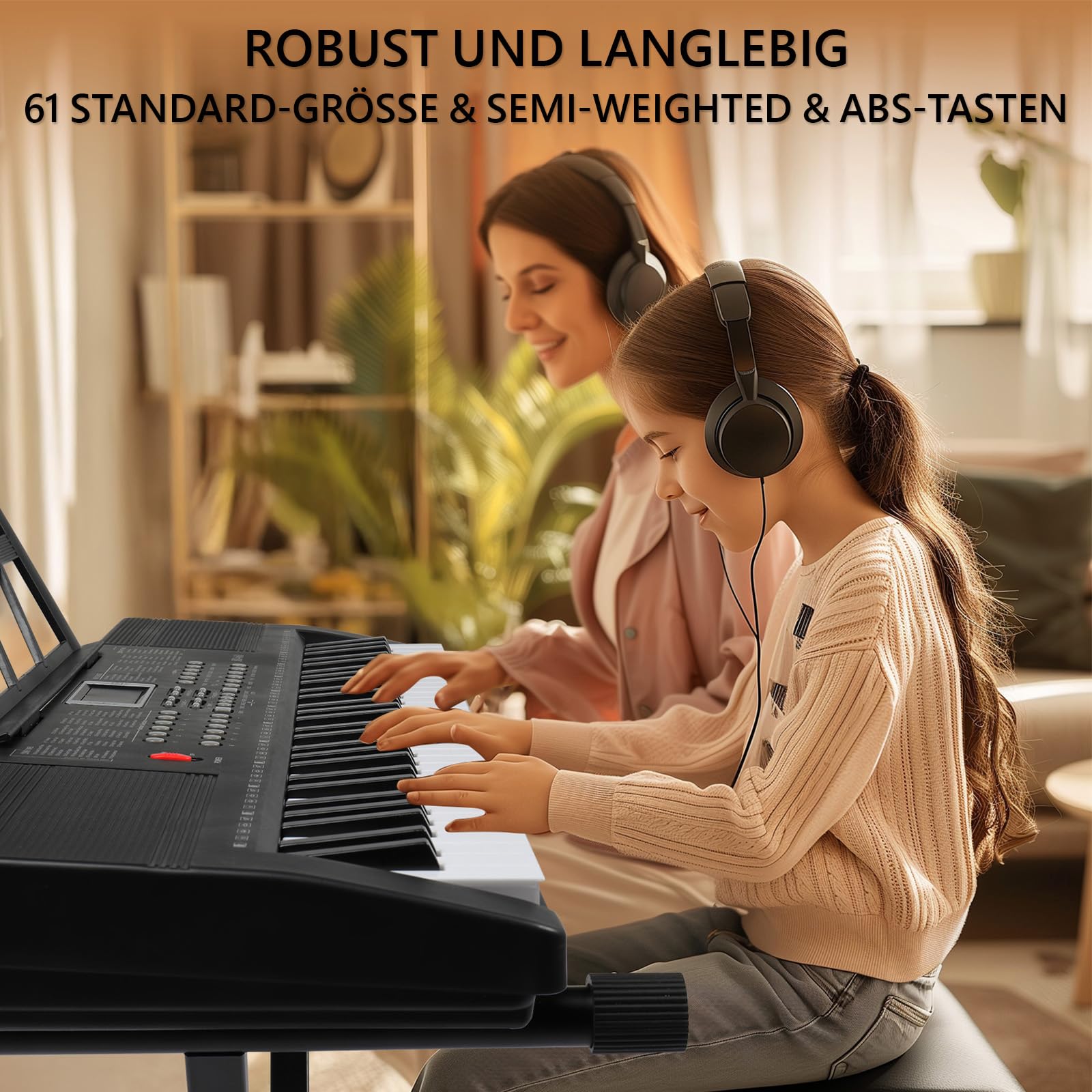 Bonnlo 61-Tasten Keyboard mit Z-Ständer, Hocker, Kopfhörer, LED-Display und 3 Lernmodi, 200 Klänge, 200 Rhythmen, mit eingebauten Lautsprechern für Anfänger & Fortgeschrittene, Schwarz