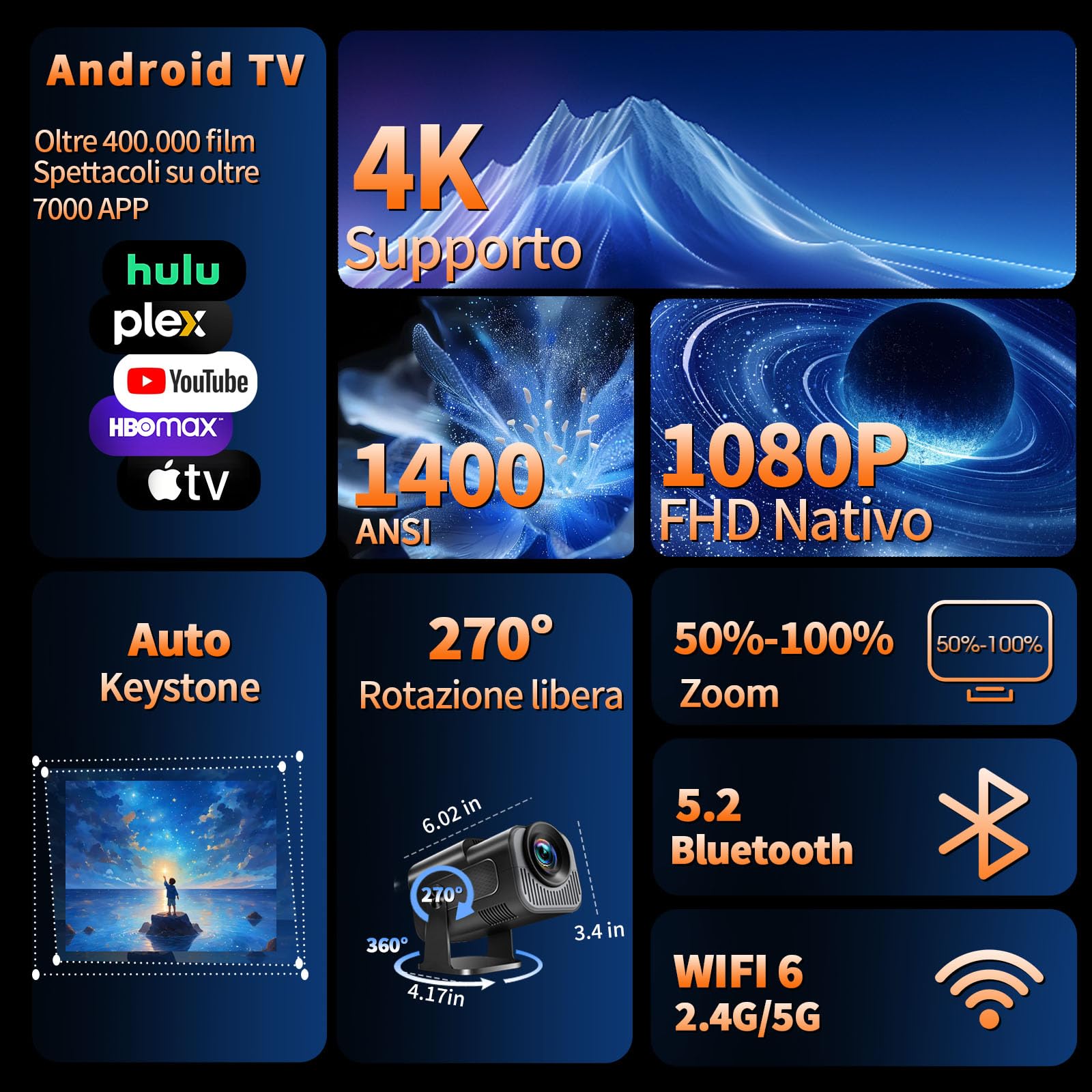 [App integrata] Proiettore Portatile 1080P 4K con WiFi 6 Bluetooth 5.2, Mini Proiettore Portatile Android Supporta Rotativo a 270°, Auto Keystone, TV Stick/USB/HDMI/PC con Cavo HDMI & Mouse, Nero