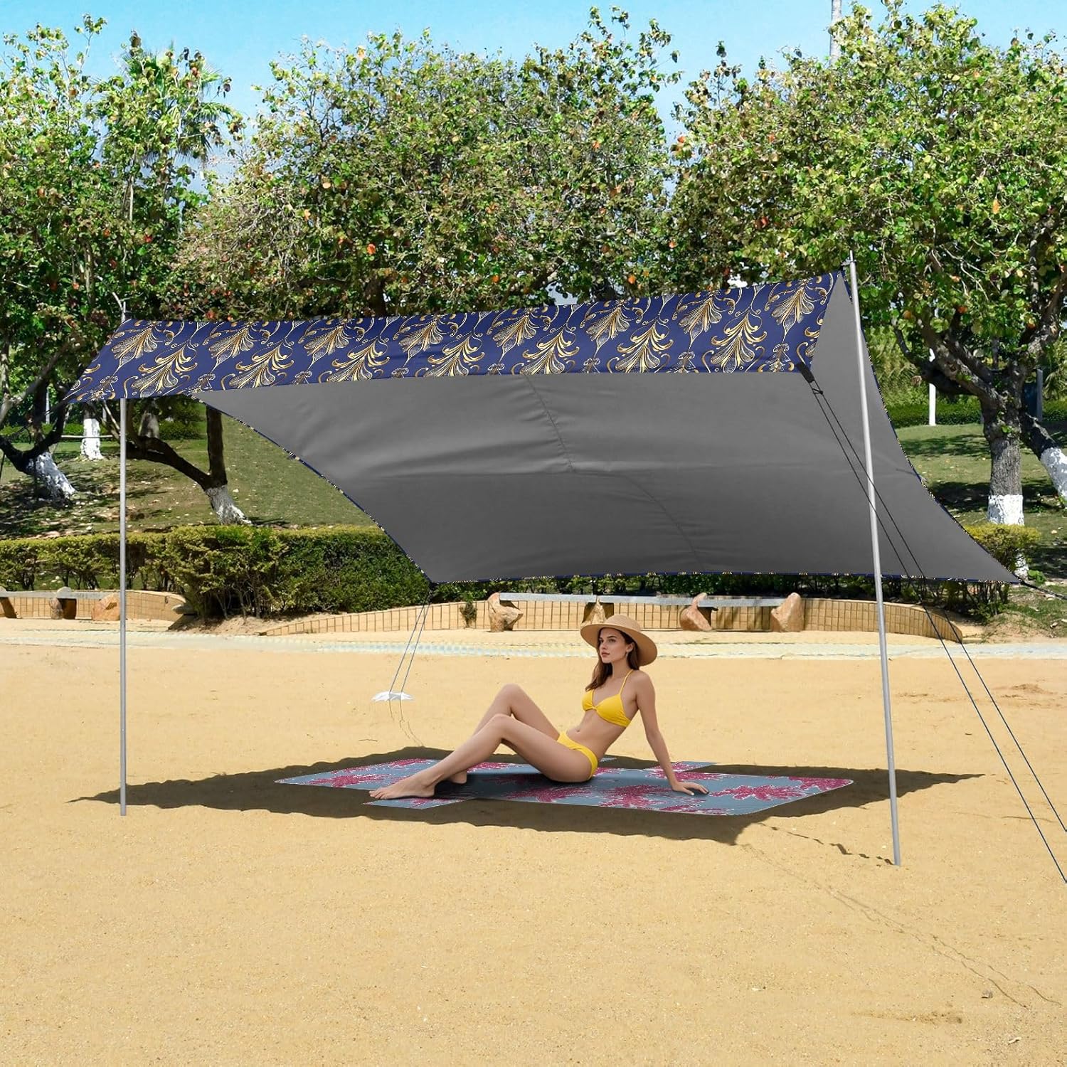 ALAZA Golden Damask Art Deco Floral Beach Tent Sun Shelter UPF50+ Protection Beach Shade Canopy w/ 4 Sandbags for Outdoor Camping, Fishing, Backyard Fun, Picnic, 10x9 ft