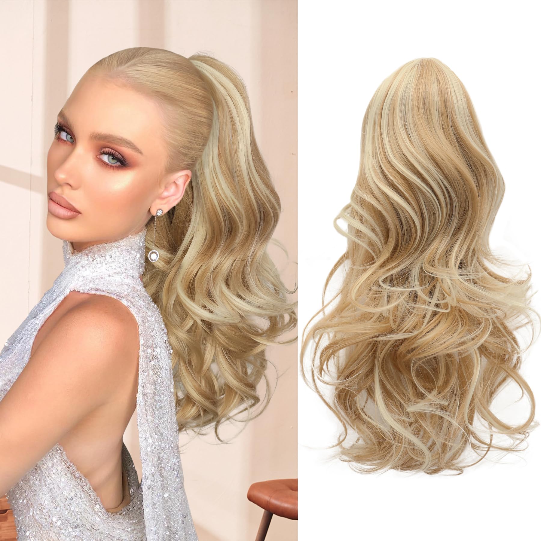 MOCA HAIR Ponytail Extension,Mixed Blonde 18 Inch Claw Clip Ponytail Extension, Soft Wavy Curly Clip on Ponytails for Women Heat Resistant Synthetic