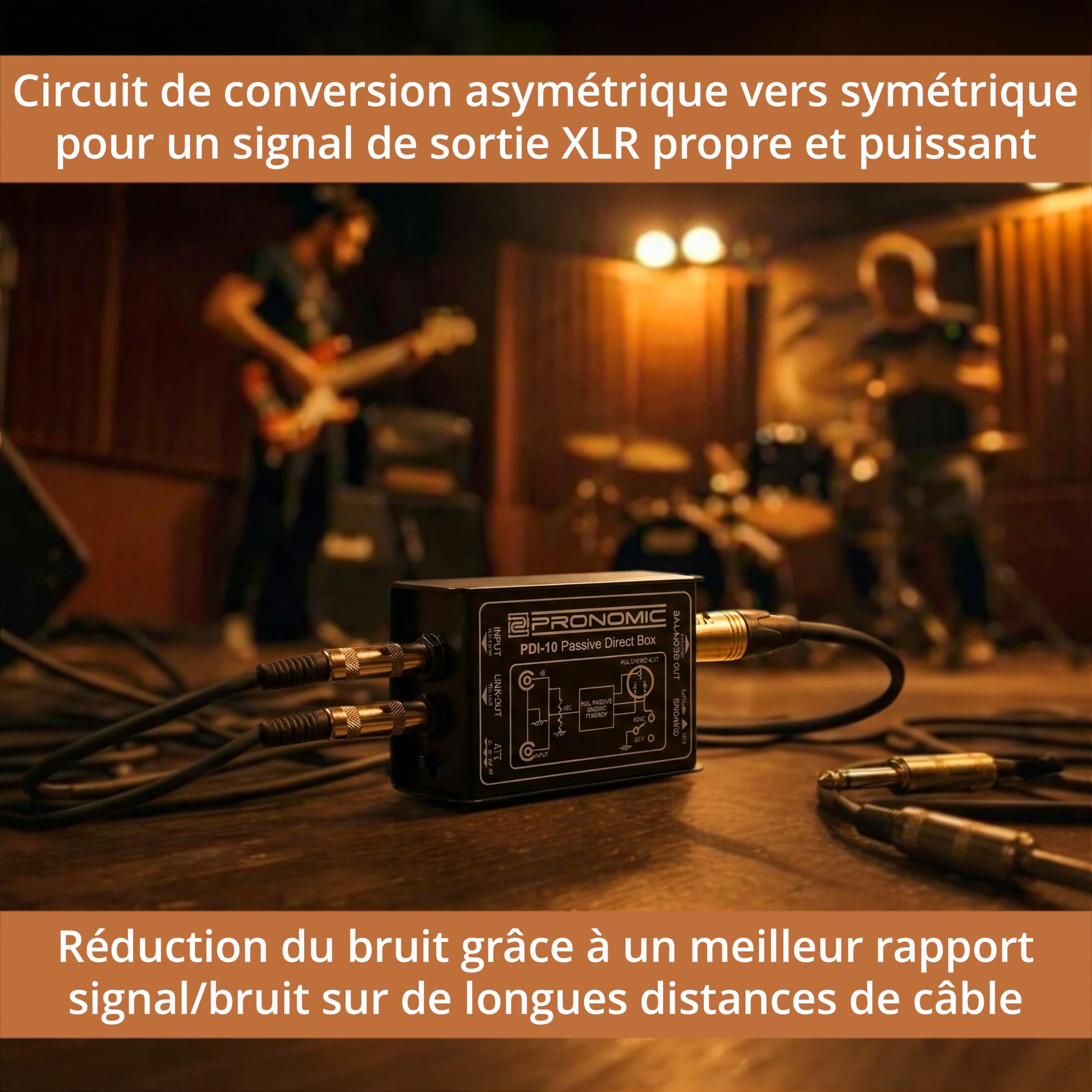 Pronomic PDI-10 Boîte DI Passive - DI Instrument 1 Canal pour Guitare, Basse, Clavier - Sortie XLR Et Jack 6,35 mm Through - Coupe-Masse - Atténuation 0/20/40 DB Pad - Noir