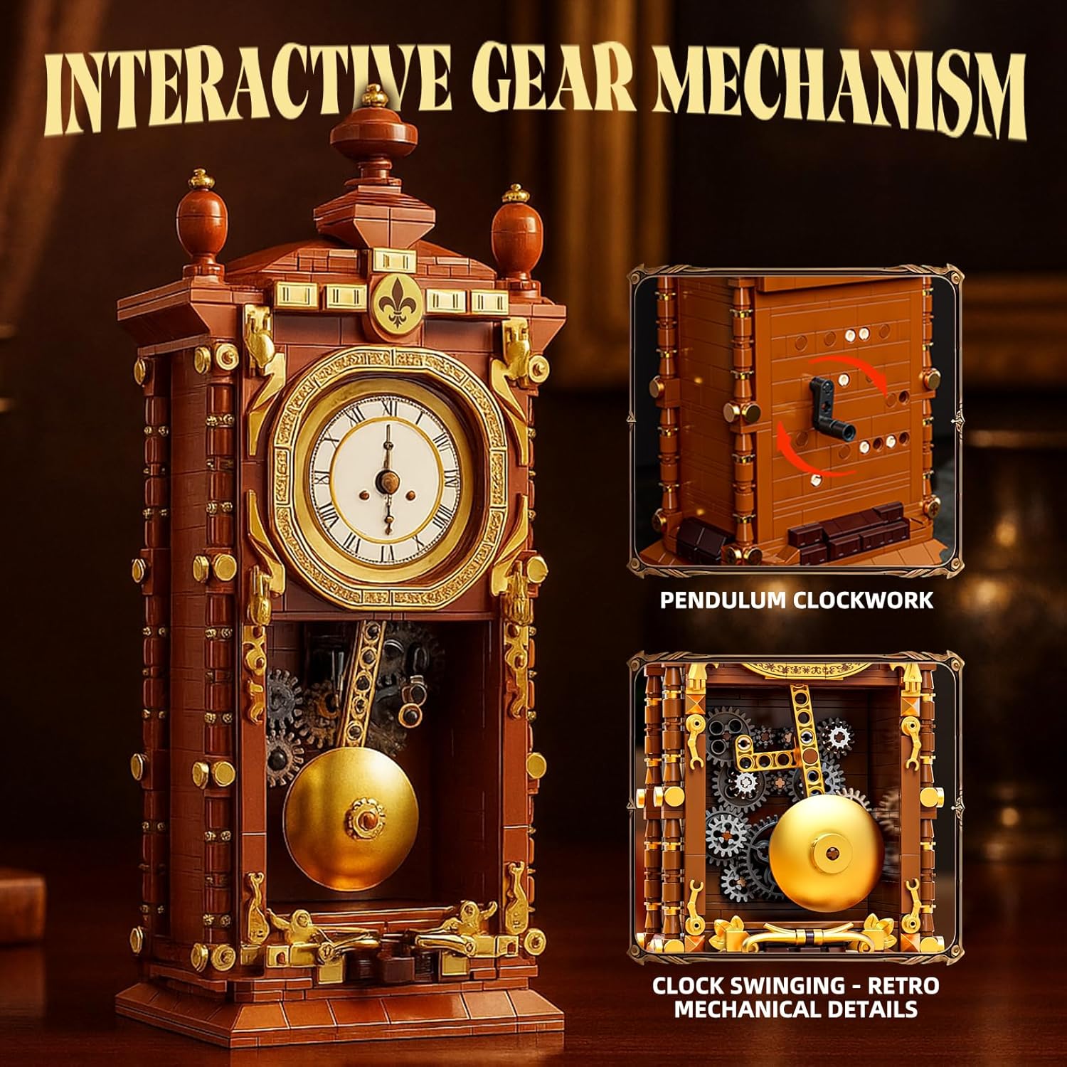 Retro Clock Building Block Set, Mechanical Pendulum Vintage Clock Toy with Real Functional Timepiece & Moving Gears, Home Decor & Housewarmings Gift for Man Woman & Adults Kids Ages 6+ (751 PCS)