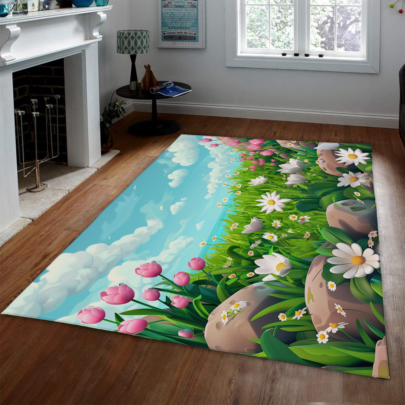 Tapis de Marguerite pour Fille garçon Chambre d’Enfant Tapis Floraux Modernes pour Chambre de bébé Salle de Jeux Tulipe Tapis de Sol pour Salle de Bain entrée Ciel Bleu 60x120cm