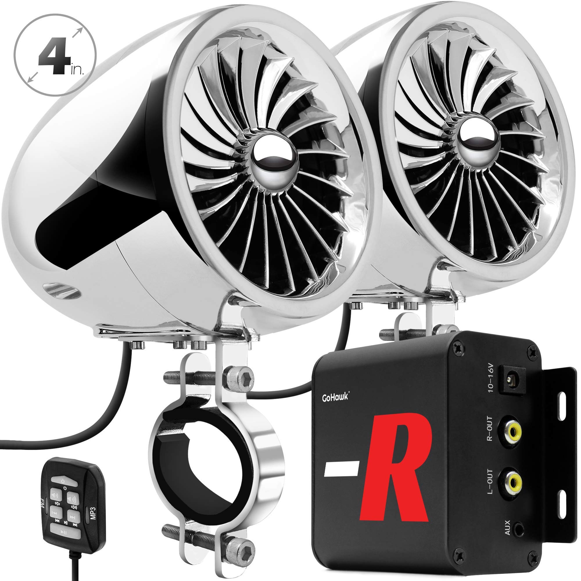 TJ4-R Amplifier 4" Full Range Waterproof Bluetooth Motorcycle Stereo Speakers 1 to 1.5 in. Handlebar Mount Audio Amp System Harley Touring Cruiser ATV UTV RZR, AUX, FM Radio