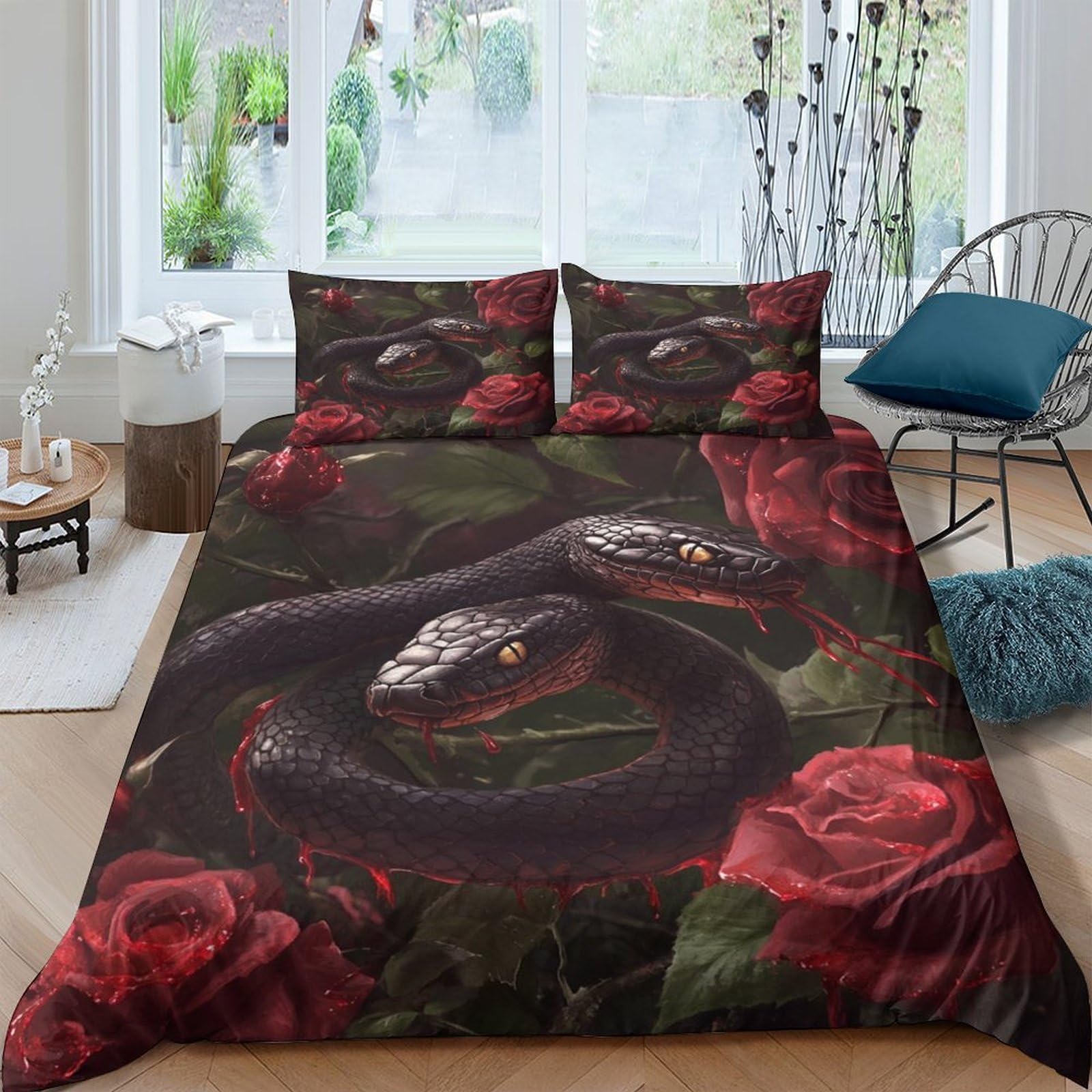 Ctjqhvkz Style-1 3D Printed Black Snake Fitted Sheet Microfiber Red Rose Mattress Cover Non-Slip Washable For Bedroom Guest Room Single（135X200cm）