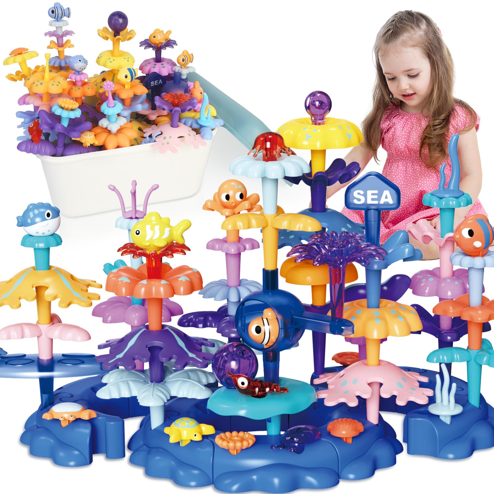 Coral Garden Flower Building Toys for for Toddlers 3-5 Year Old,Upgrade DIY Building Blocks Toys for Ages 2-4 Girls,Educational STEM Christmas Birthday Gift for Kids(76PCS)
