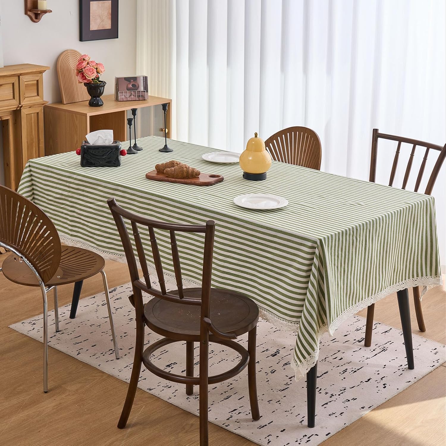 vctops Green and White Stripe Tablecloth with Lace Trim, Farmhouse Boho Cotton Linen Table Cloth, Washable Table Cover for Rectangle Table Baby Shower Kitchen Party Wedding Decor (Green,55"x63")