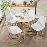 Tangkula Round Dining Table Set for 4, Circle Kitchen Table Chairs Set of 4 with Ergonomic Seat & Solid Wood Legs, 5-Pieces Modern Dining Room Table Set for 4 (White/Oak)