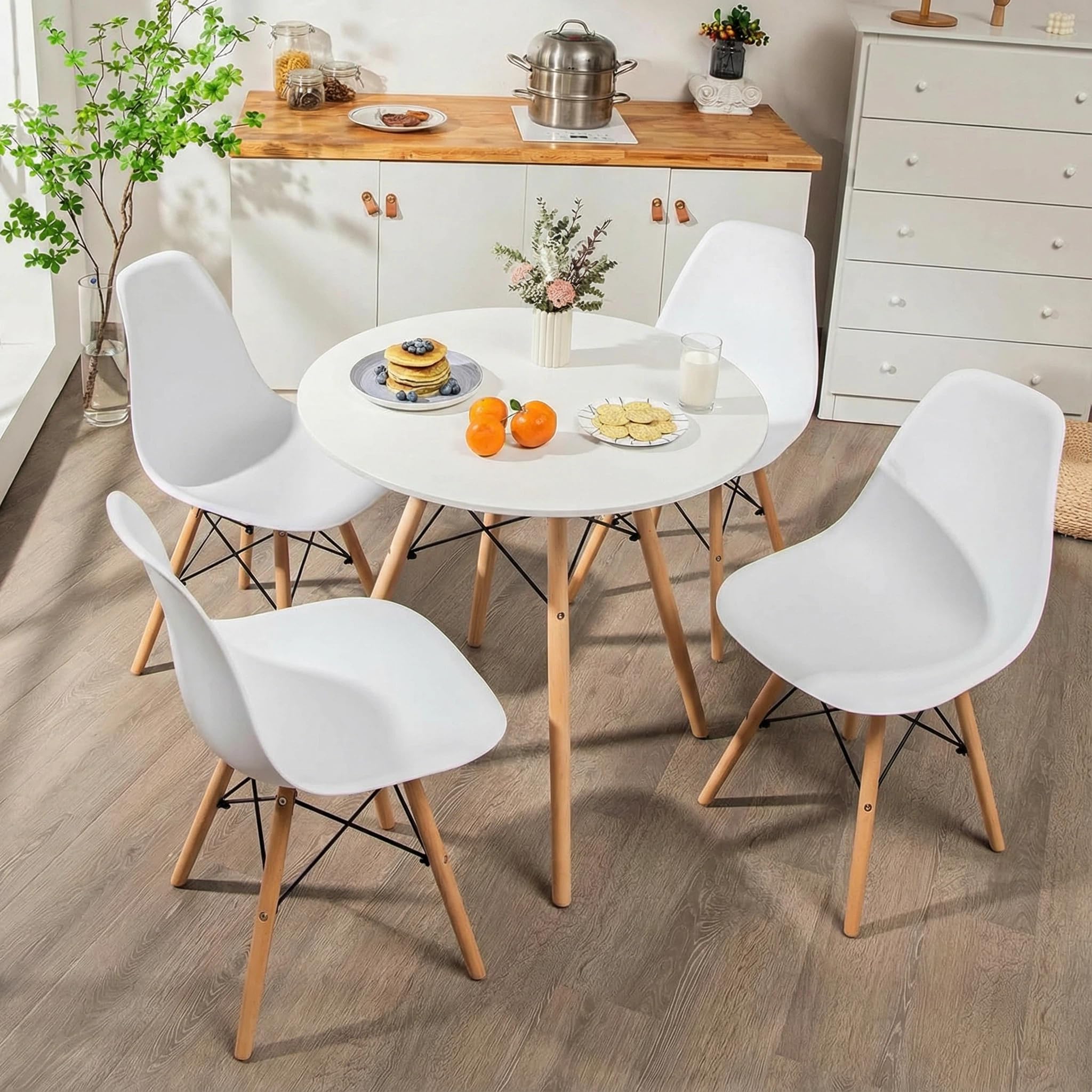 Tangkula Round Dining Table Set for 4, Modern Circle Kitchen Table & 4 Chairs with Ergonomic Seats and Solid Wood Legs, 5-Piece Dining Room Set for