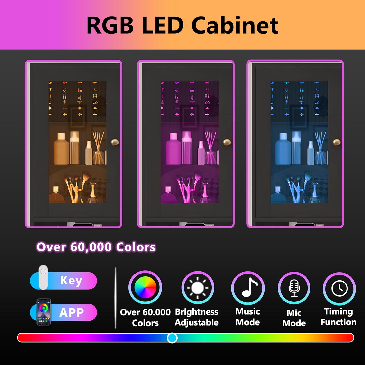 Makeup Vanity Desk with Mirror and Lights, Black Vanity with Glass Top, Jewelry Storage, Power Outlets, 3 Drawers & 2 Cabinets, Adjustable LED Lighting, Dressing Table for Women & Girls Bedroom