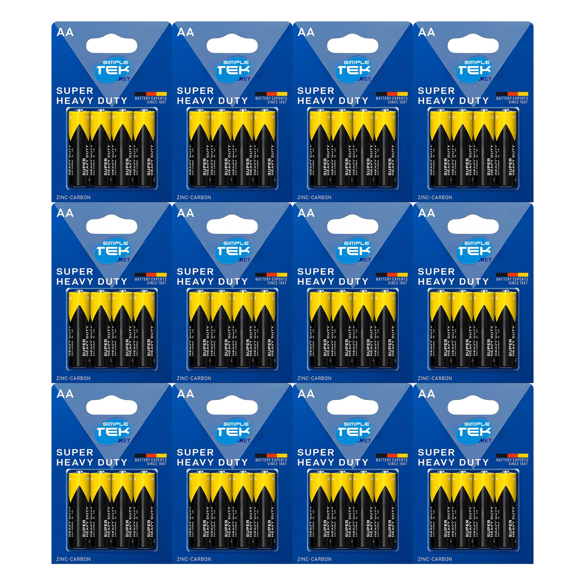 SIMPLETEK - Kit di 12 Blister da 4 Pile Stilo AA (48 Totali) Zinco-Carbone 1.5 Volt - Ideali per Dispositivi a Basso Consumo