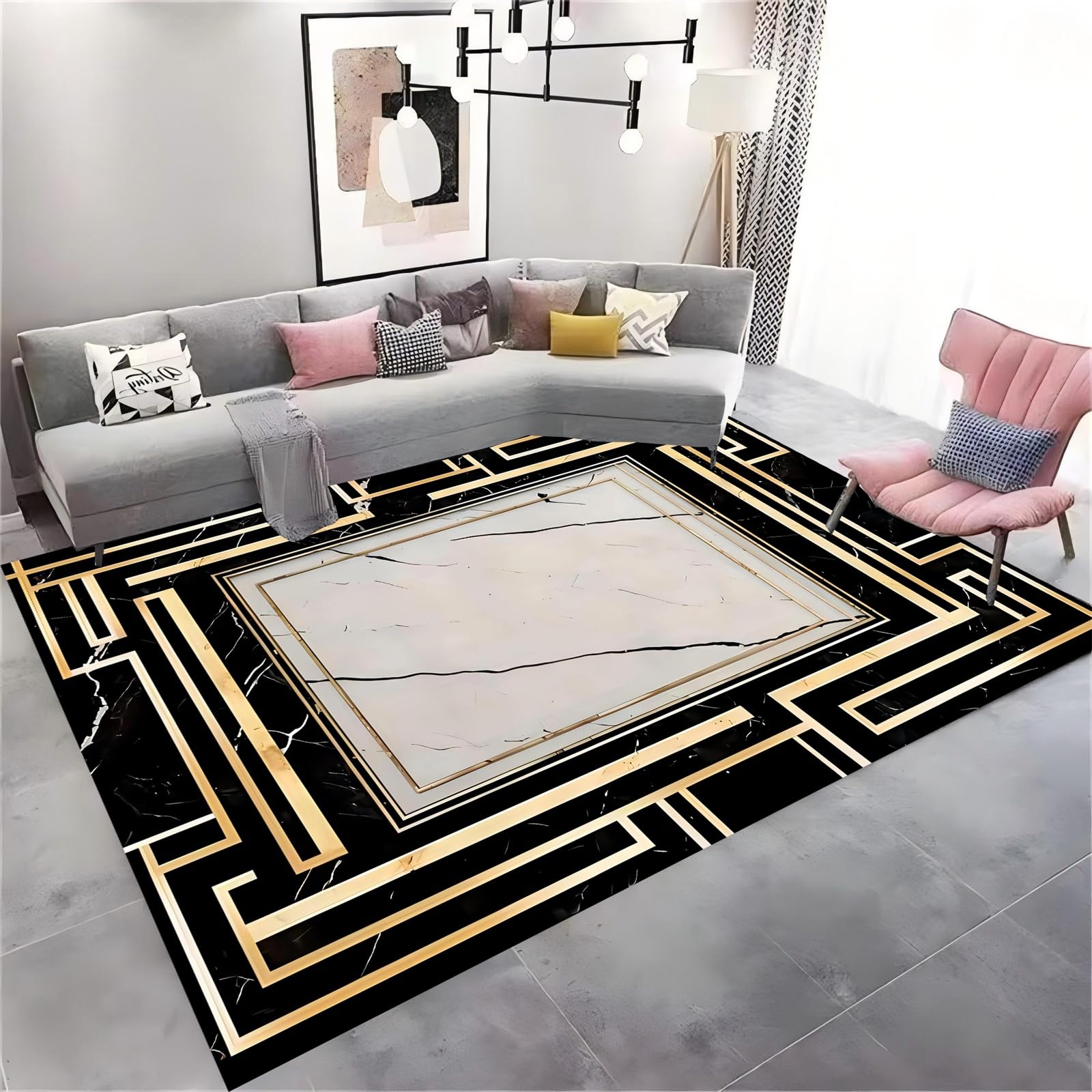 HONGXIU Marble Area Rug 180x230cm Modern Black Marble Gold Border Design Rugs, Vintage Classic Geometric Decorative Rug, Non-Slip Backing, Easy to Clean, Perfect for Living Room