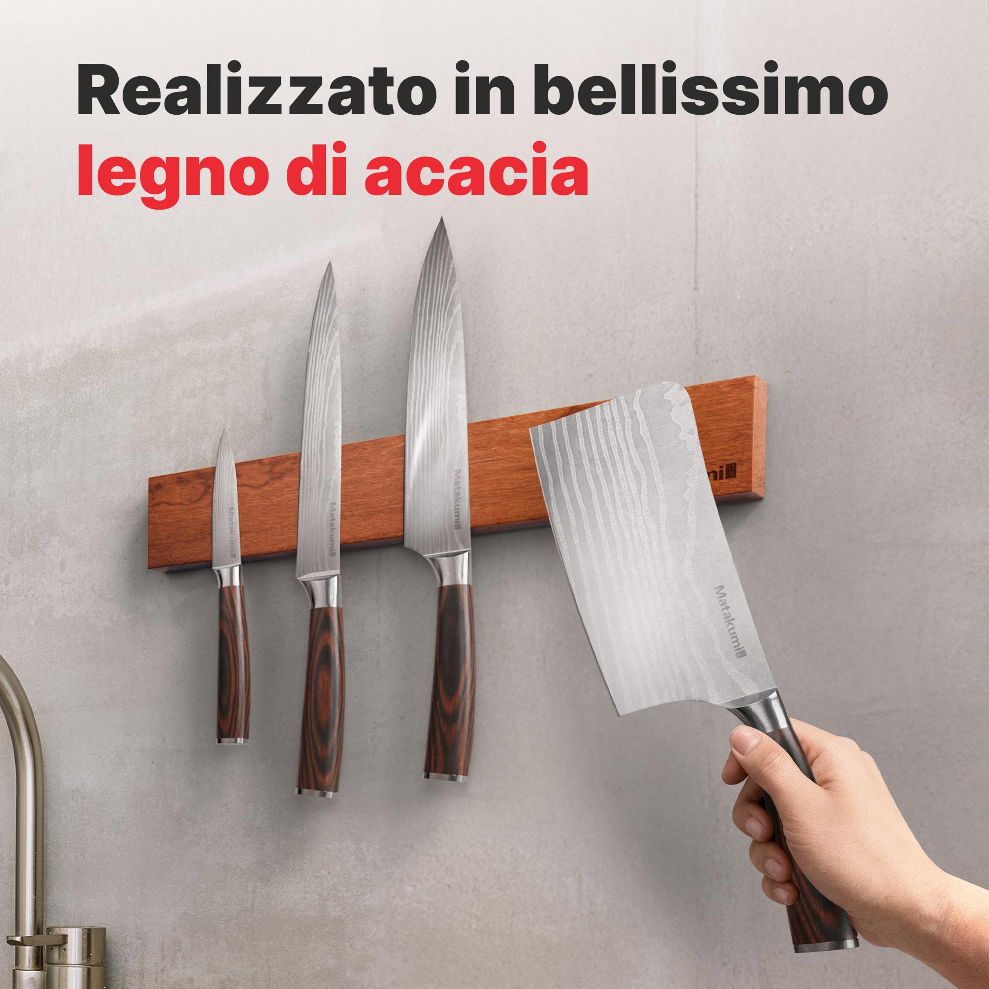 Matakumi Barra magnetica con coltello, 40 x 6 cm, in legno di acacia, magnetica, autoadesiva o viti, salvaspazio, supporto magnetico a parete