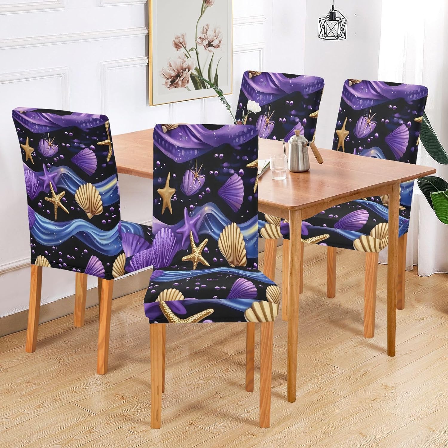 ALAZA Chair Covers for Dining Room, Wave Starfish Seashell Pattern Stretch Chair Cover Sets Chair Protector Removable Washable for Ktichen Restaurant Hotel
