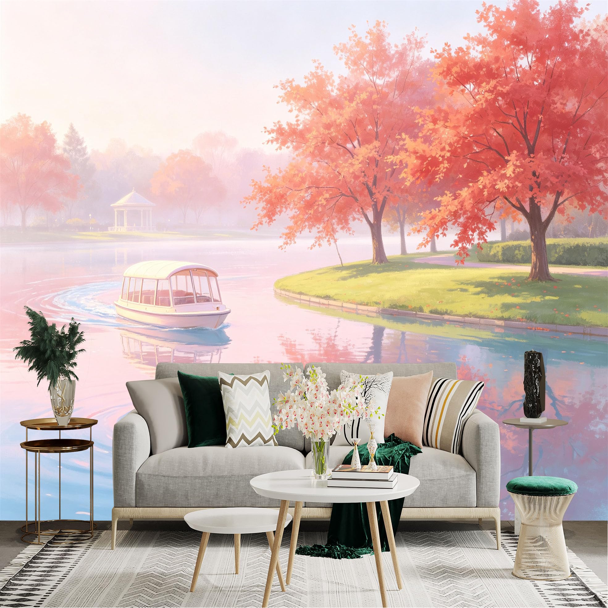 Custom Size Wall Sticker Mural， Serene Lake with Small Boat， Soft Pink Autumn Trees， Misty Morning Landscape， for wall Decoration， peelandstick wall Decals.