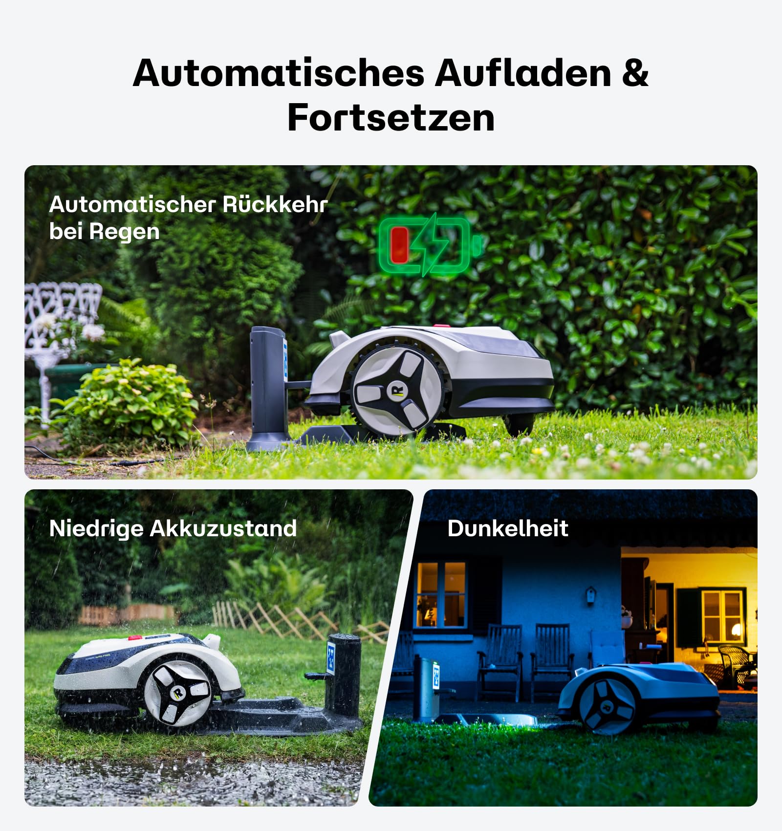 Raccoon 2 SE Mähroboter mit Garage, Max. 600qm, 3-8 Schnitthöhe, Ride-On Kanntenschnitt bis 3 Mähzonen, Kabellos, Ohne RTK
