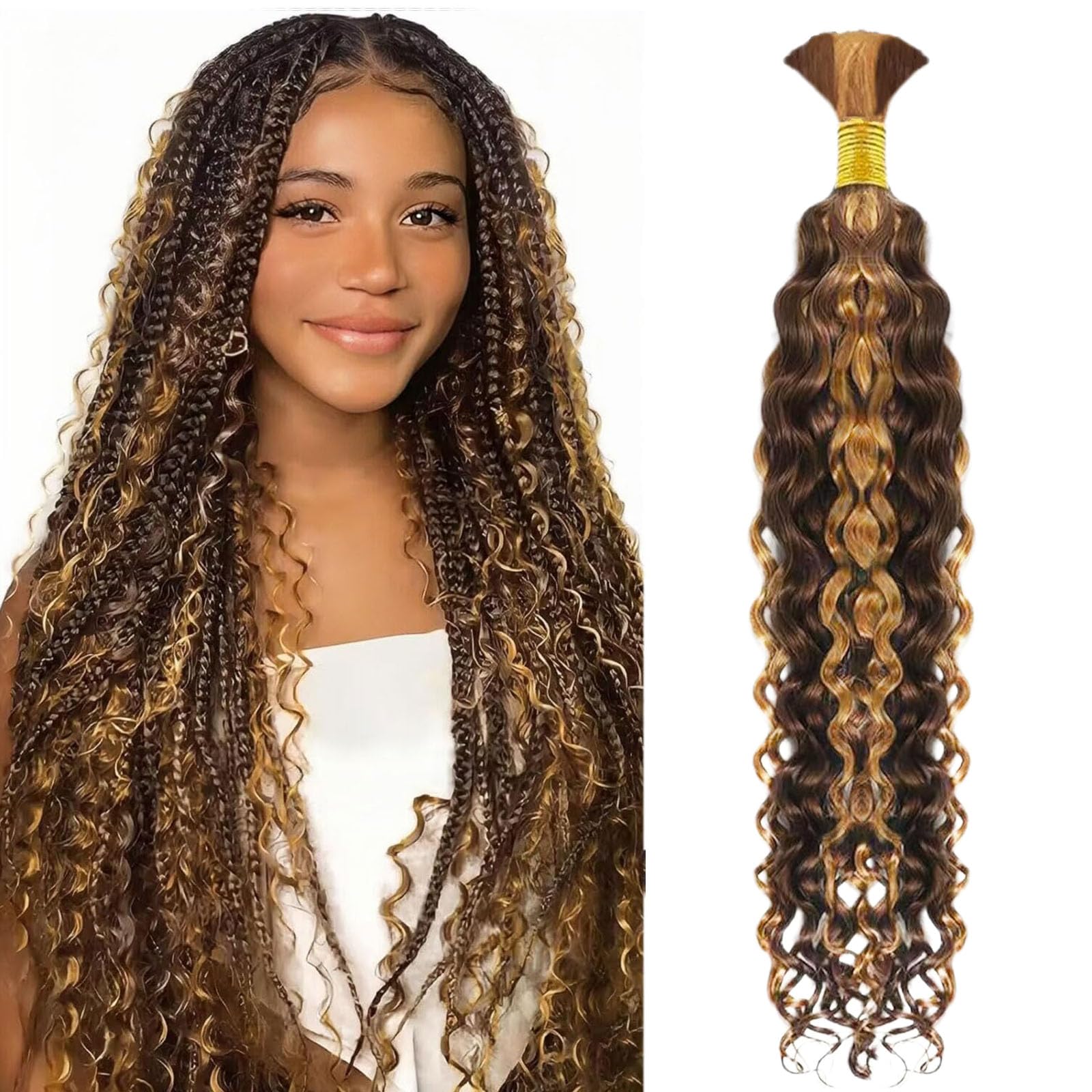 Highlight P4/27 Human Braiding Hair 1 Bundle Water Wave Bulk Human Hair for Braiding 100% Unprocessed Brazilian Human Hair No Weft Human Hair Extensions for Boho Braids (20 inch/50g)