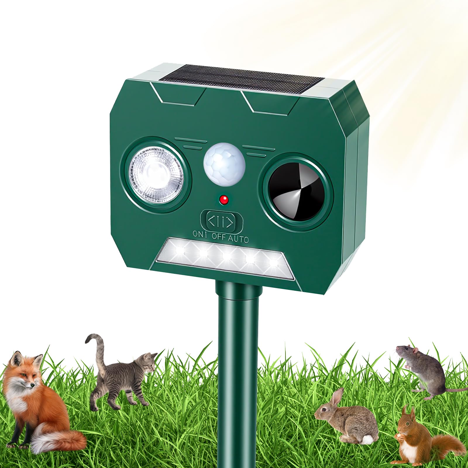 Cat Repellent for Gardens UK, Solar Ultrasonic Animal Deterrent with PIR Motion Sensor & Flashing Light, 12m/120° Detection, IP65 Waterproof Cat Scarer for Foxes, Dogs & Squirrels, 1 pack