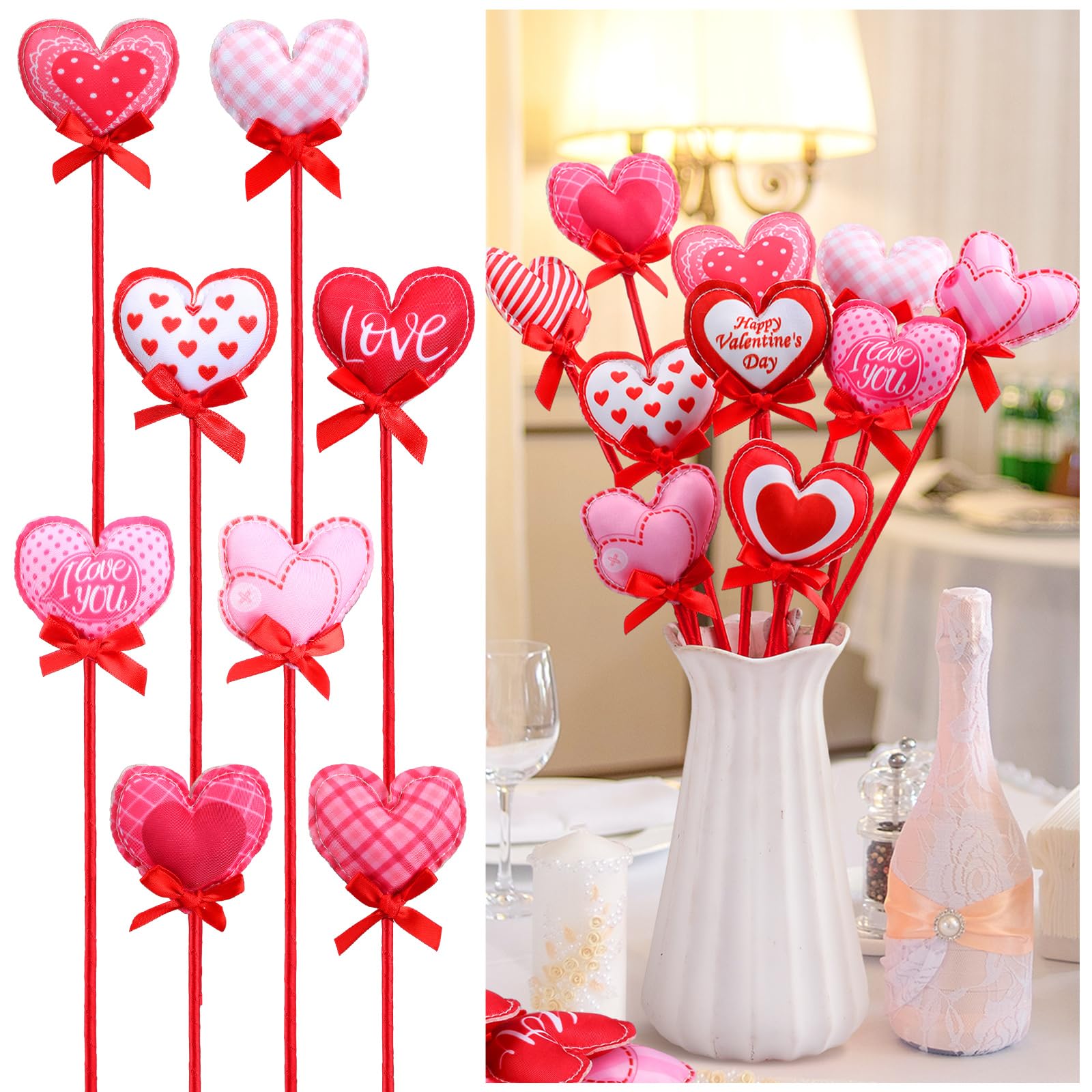 Yuntau 16 Pcs Valentine‘s Day Heart Floral Picks 12 3D Wooden Valentines Foam Heart Stems Plush Heart Sticks Valentines Decor for Tree Flower Arrangement Wedding Table Centerpiece Vase Filler Home