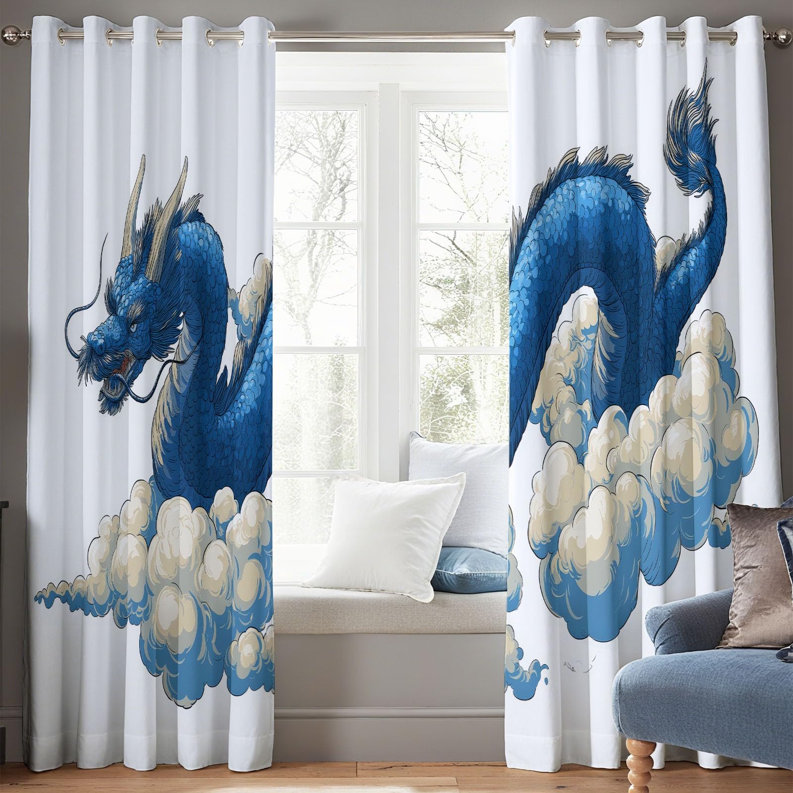 Chińskie zasłony zaciemniające z niebieskim smokiem, białe, 140 x 250 cm, przelotki, izolacja termiczna, redukcja hałasu, przyciemniane zasłony do sypialni i salonu, 100% prywatności zasłony