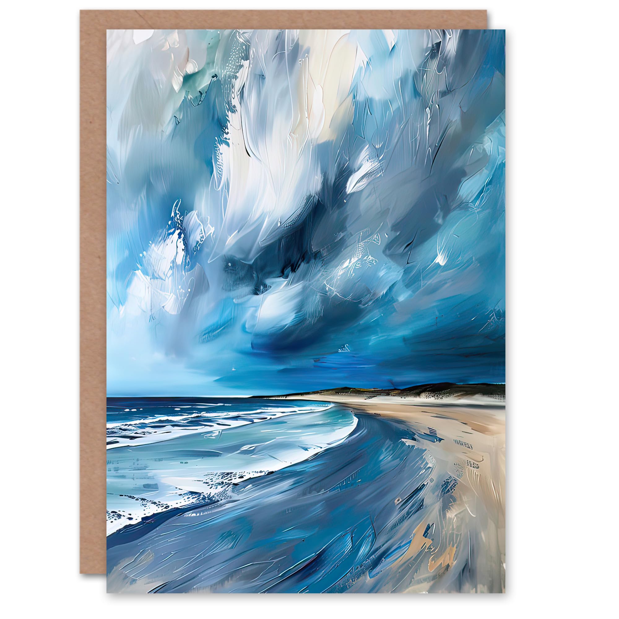 Artery8 Greeting Card Scottish Sandy Bay Oil Painting Stormy Sky Blue Blank For Him Or Her Art Birthday Card