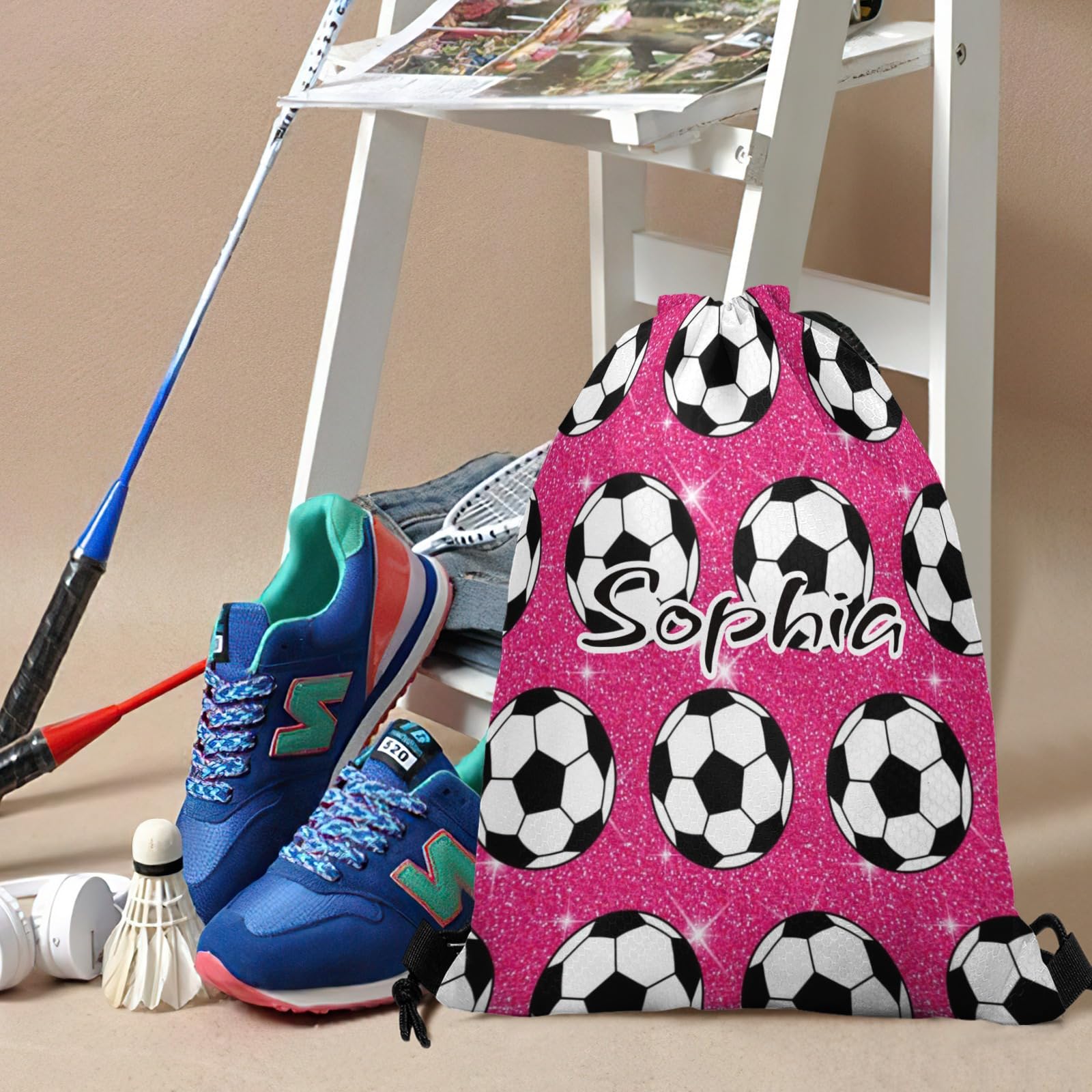 CUXWEOT Soccer Ball Pink Print Personalized Drawstring Backpack Bags Draw String Sport Gym Bag Draw String Back Sack Waterproof Swimming Festival Gift