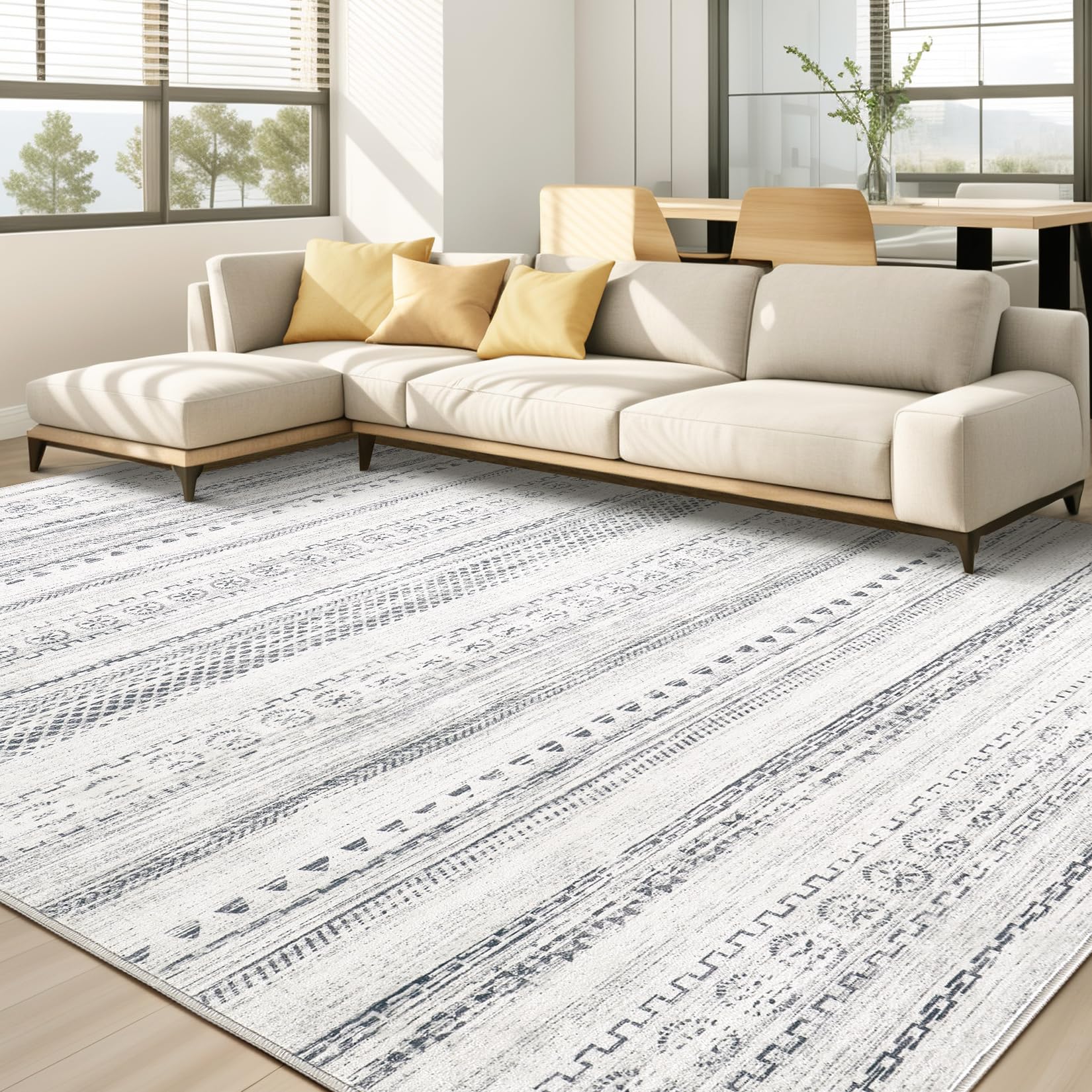 kakania 9x12 Washable Area Rug: Non Slip Soft Thin Carpet, Boho Geometric Modern Decor, Easy Clean Indoor Floor Large Rugs for Living Room Bedroom