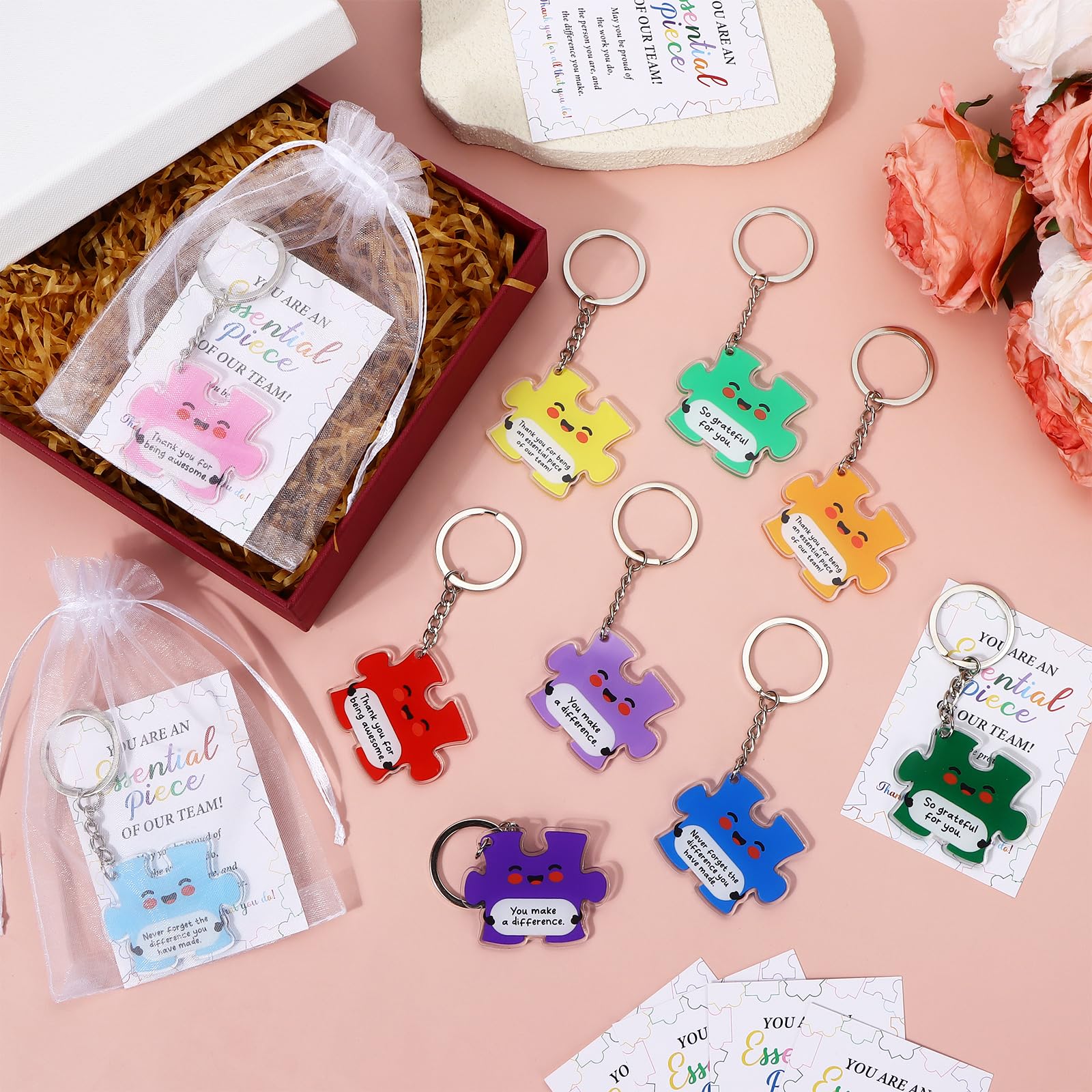 Juego de 30/50/80 llaveros de rompecabezas de agradecimiento para regalos de agradecimiento al equipo, llavero acrílico con tarjetas de agradecimiento para empleados, personal, colegas