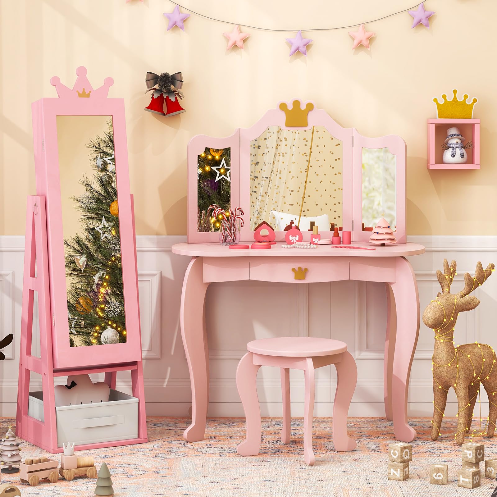 DREAMADE 3 en 1 Armoire à Bijoux Enfants en Bois,Organisateur de Bijoux Enfant avec Miroir Pleine Longueur,Tiroir Pliable,Anti-Bascule,Crochets,Meuble sur Pied Motif Couronne pour Filles (Rose)