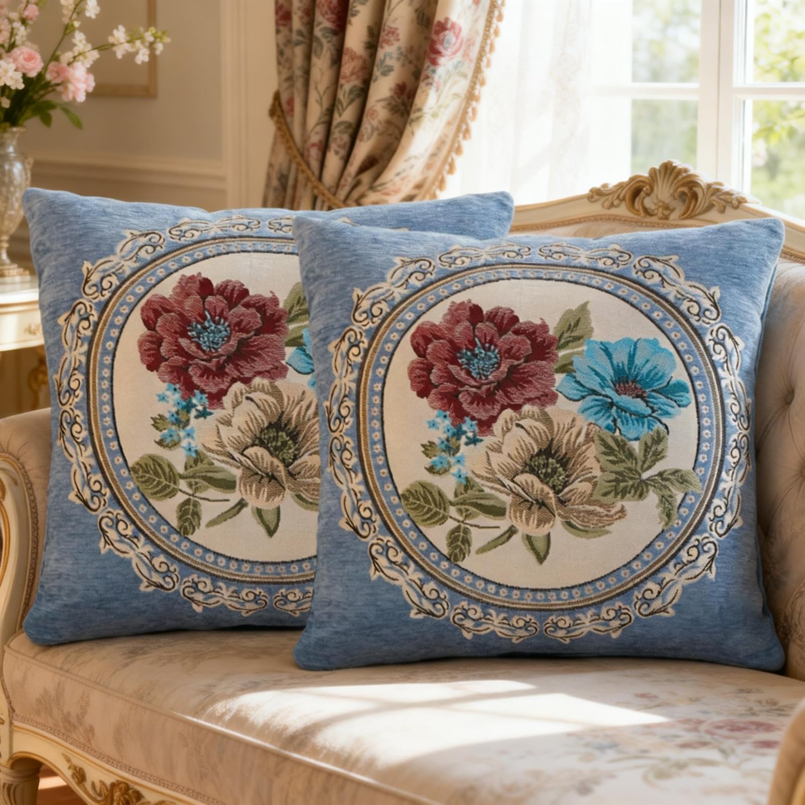Set di 2 federe per cuscini ricamate vintage, 45,7 x 45,7 cm, per soggiorno, motivo floreale, per divano (blu-1)