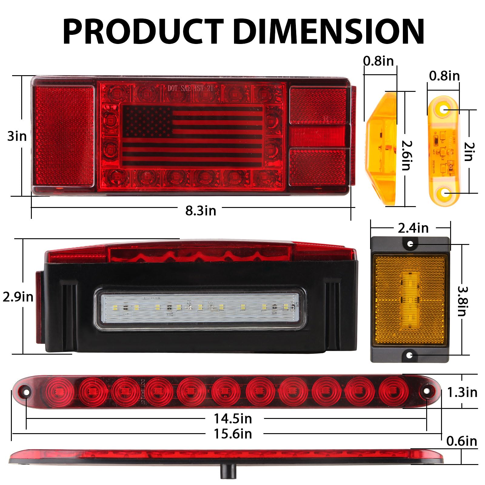 12V LED Trailer Lights Kit for Utility Trailer, LED Submersible Rectangular Brake Stop Turn License Lights Unique Flag w/8x Mini Side Clearance Marker Lights, 15