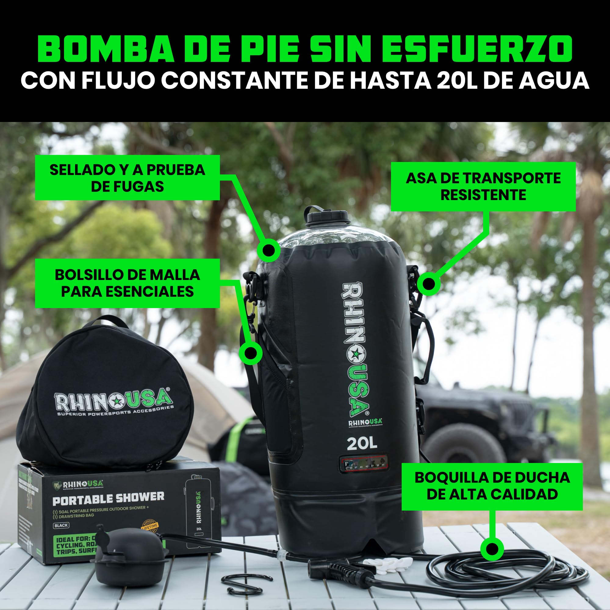 Rhino USA Ducha solar portátil de 5 galones/20 litros, esencial para camping, festivales, aterrizaje, viajes a la playa, ducha al aire libre y mucho más