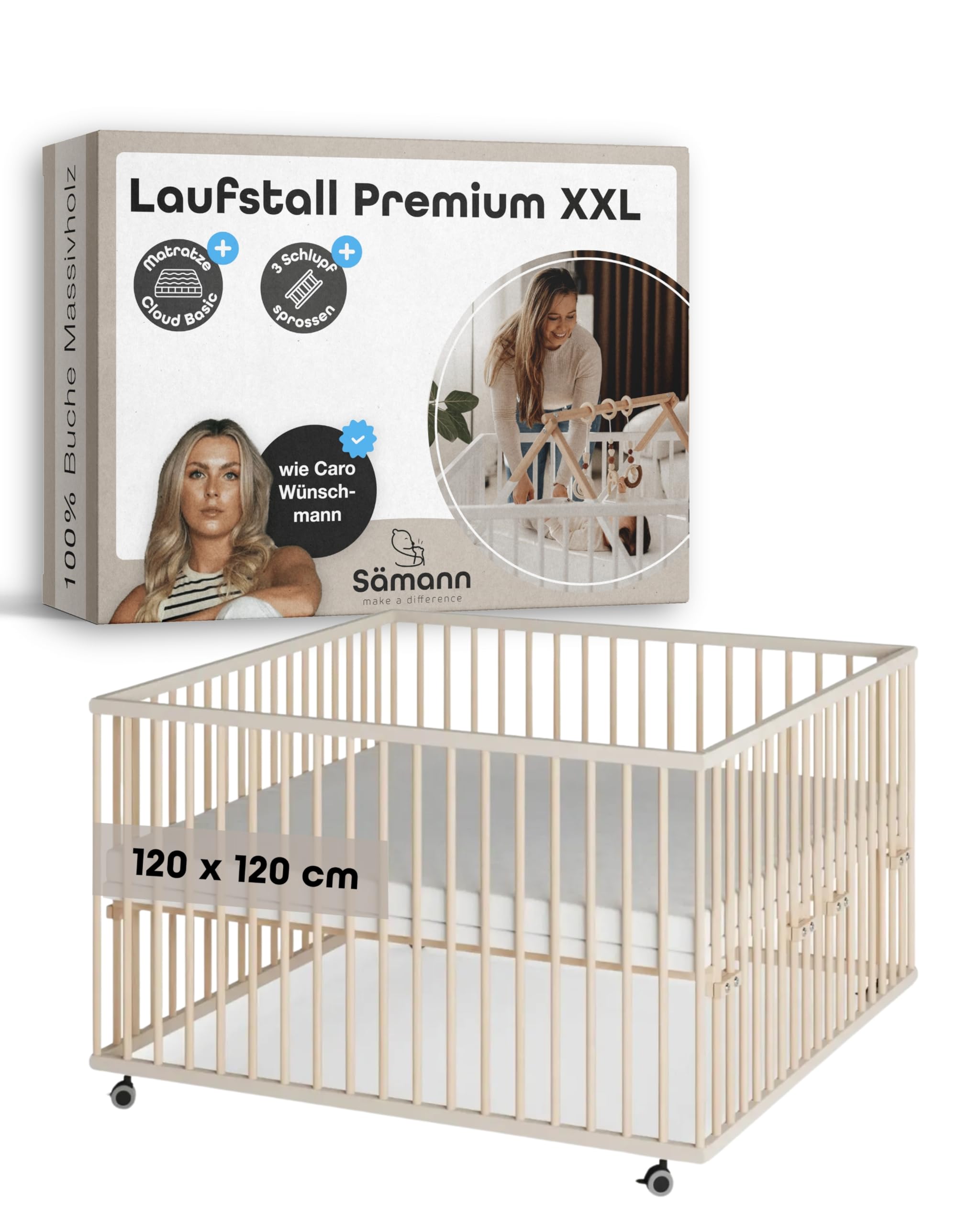Sämann Laufstall Baby XXL 120x120 cm mit Matratze und Schlupfsprossen | TÜV geprüft | stufenlos höhenverstellbar | Laufgitter Premium | Babybett aus Holz | Krabbelgitter sahara dust/natur