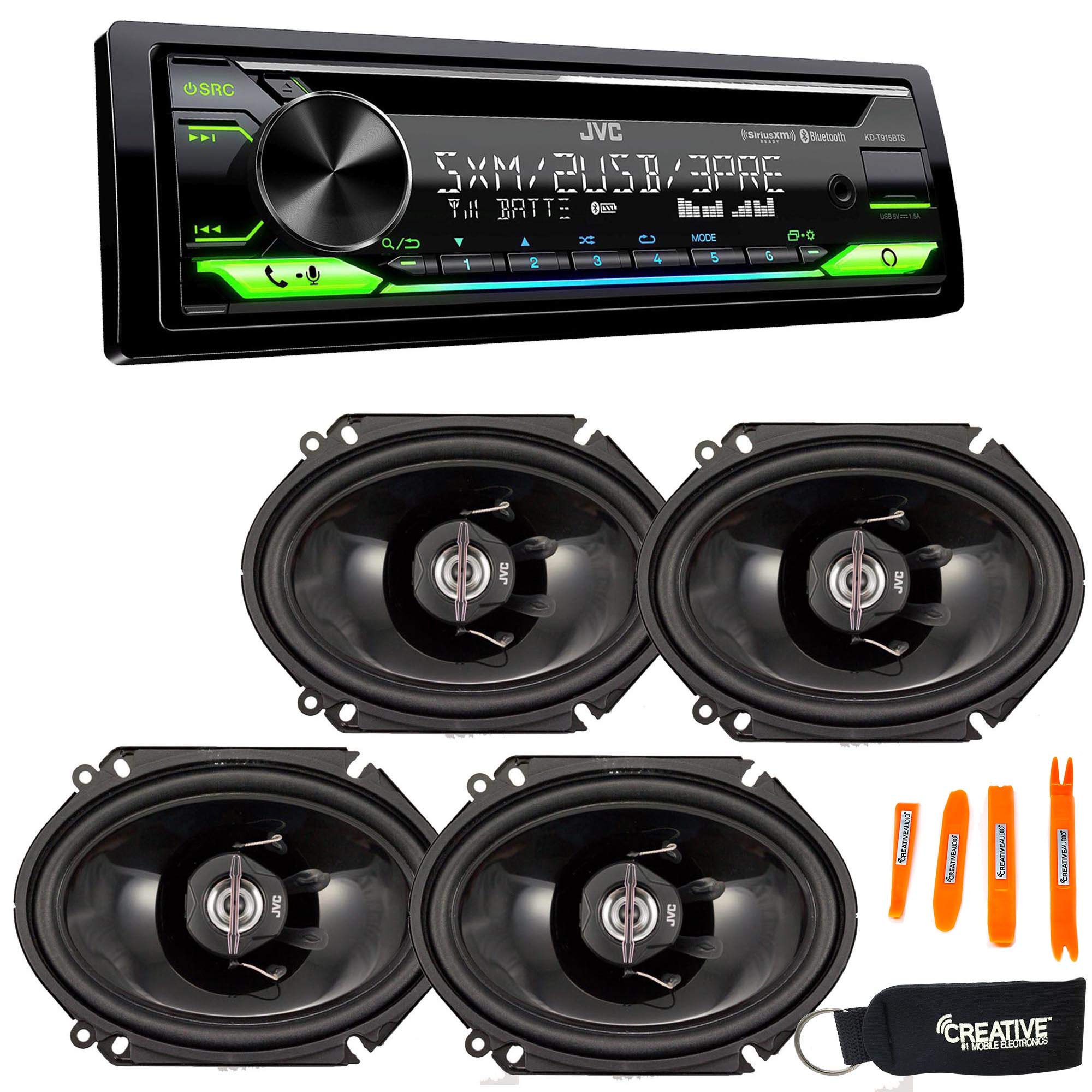 JVC KD-T915BTS - CD, Bluetooth, Dual USB, AUX, Amazon Alexa, SirusXM Ready + Two Pairs of JVC 6x8 Speakers