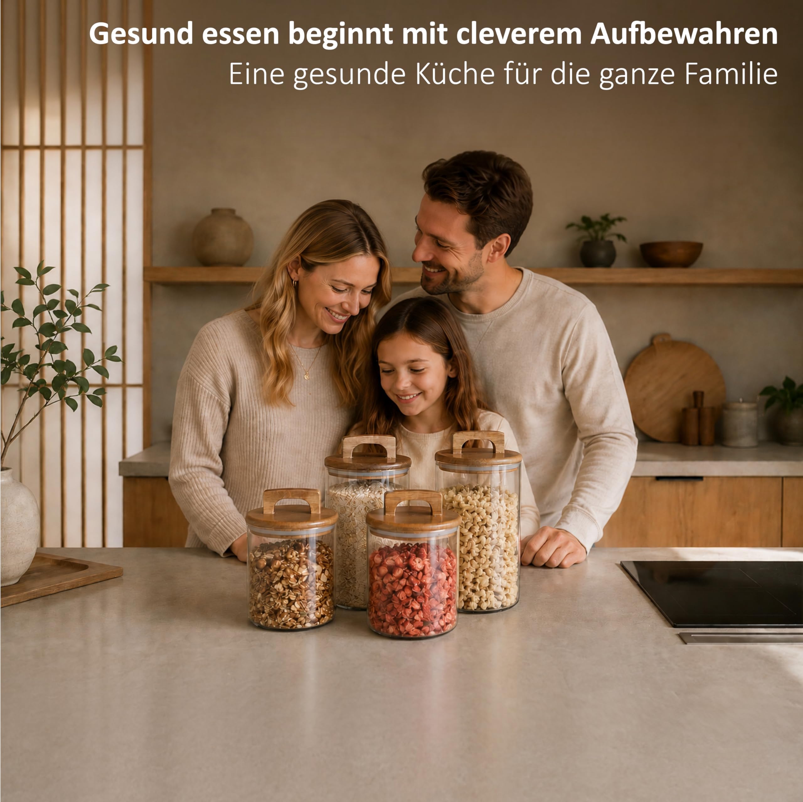 Vorratsdosen mit Deckel luftdicht – Vorratsgläser mit Akaziendeckel Set 4er 1000 ml & 1600 ml – Vorratsgläser mit Deckel luftdicht – Aufbewahrungsbox Küche für Pasta, Reis und Lebensmittel
