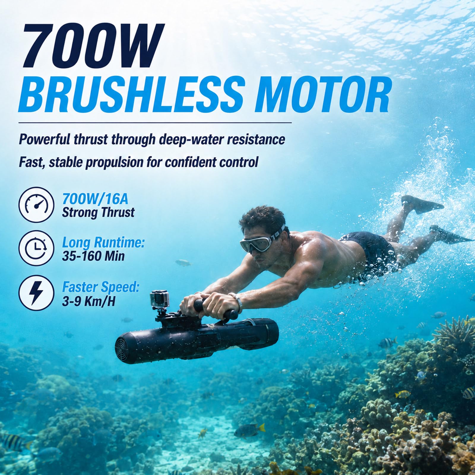 Scooter Submarino con Controlador Doble Modo y Asa de Buceo Ajustable, Profundidad 30M, Scooter Marino para Snorkel, Entrenamiento en Piscina, Tablas de SUP y Aventuras en Aguas Tranquilas 700W