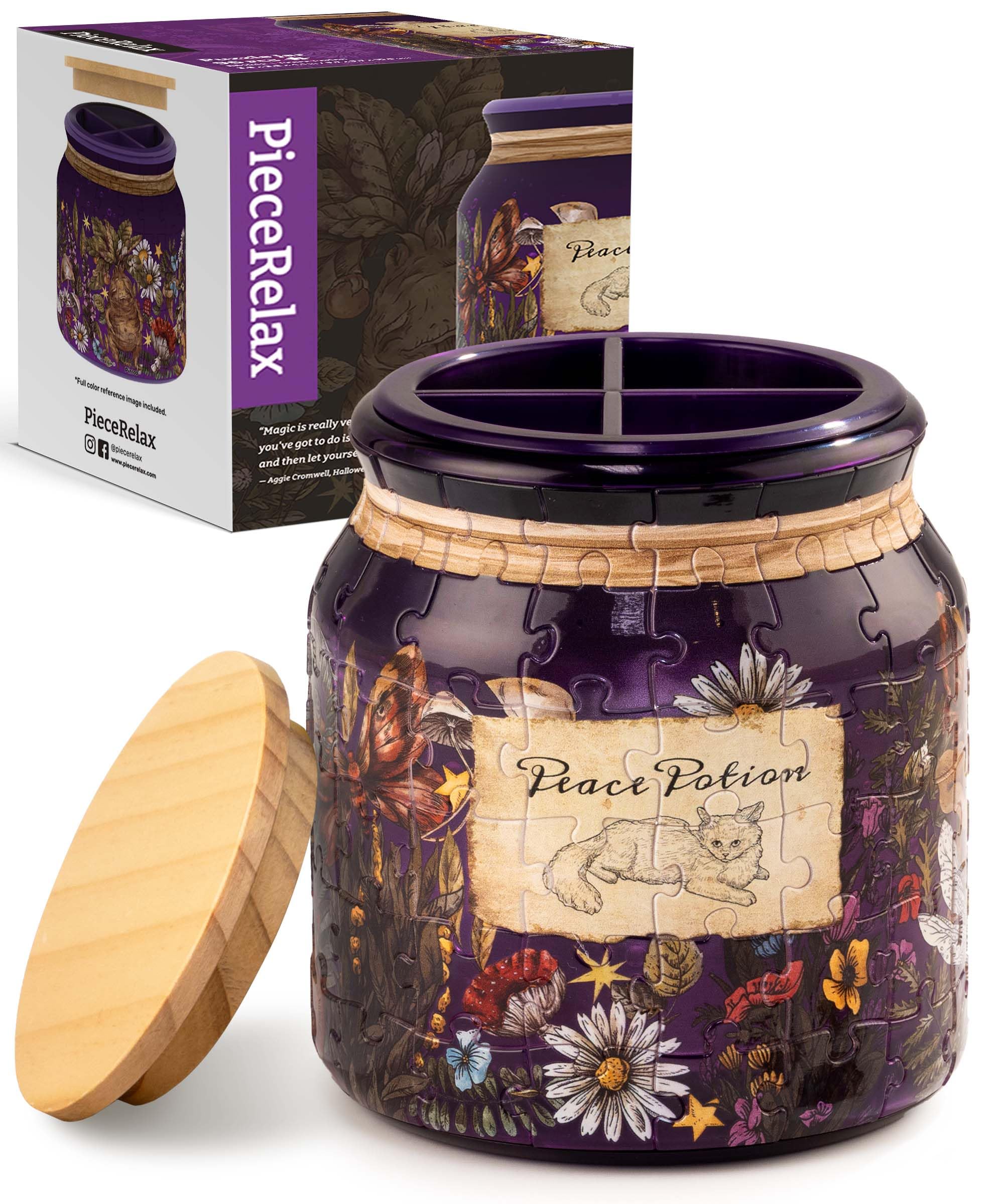 3D Puzzle Jar 96 Plastic Pieces for Adults - Peace Potion - Use Includes Divider as Pen and Utensils Holder with Wooden Lid for Kitchen Dining Study Living Room Large [BB1042]