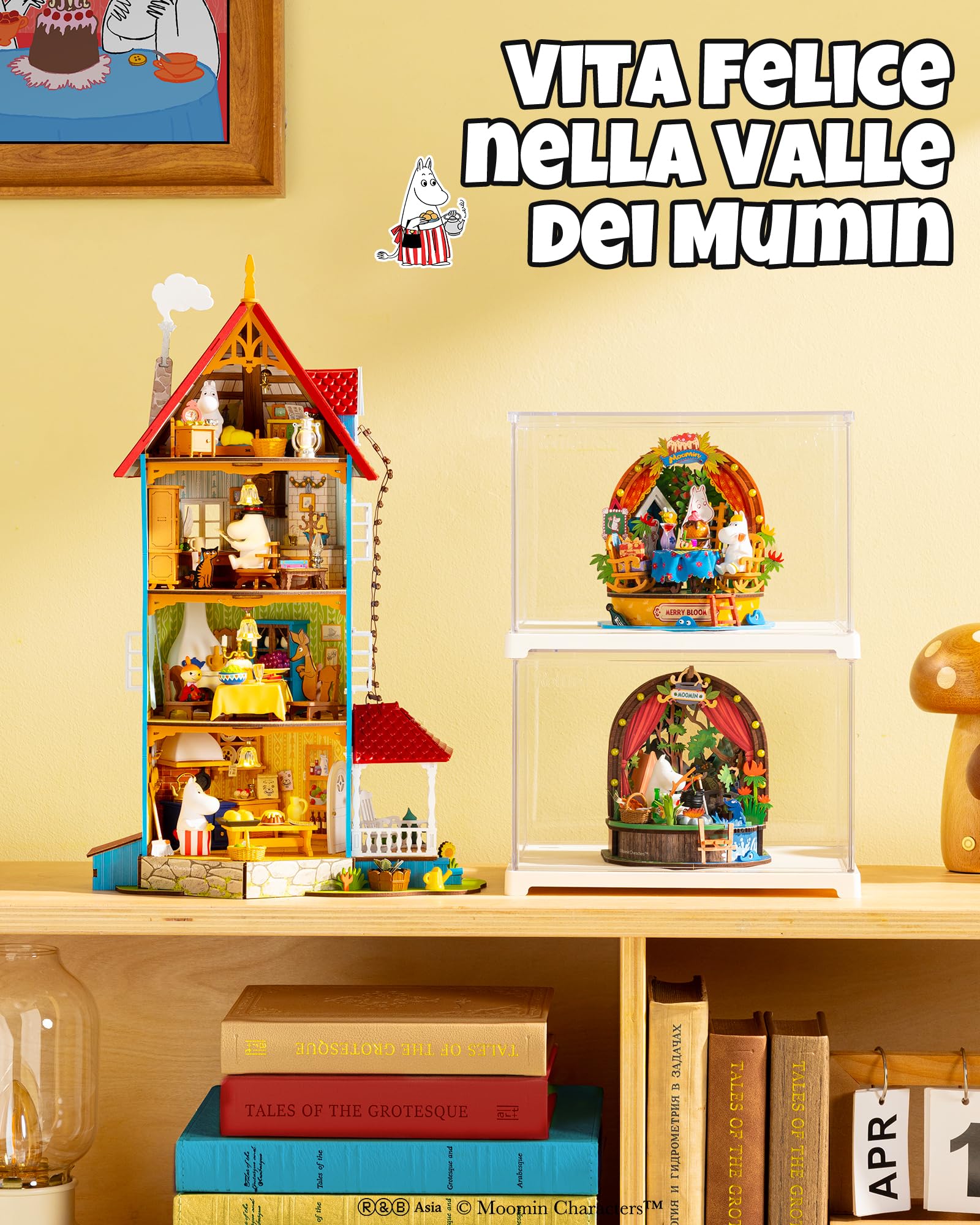 Rolife DIY Miniatura Casa delle Bambole Moominhouse 441 Pezzi | Puzzle 3D Legno Ufficiale Moomin, Casa Moomin a 4 Livelli con LED e 4 Statuine, Kit Fai da Te senza Colla, Regalo Adulti