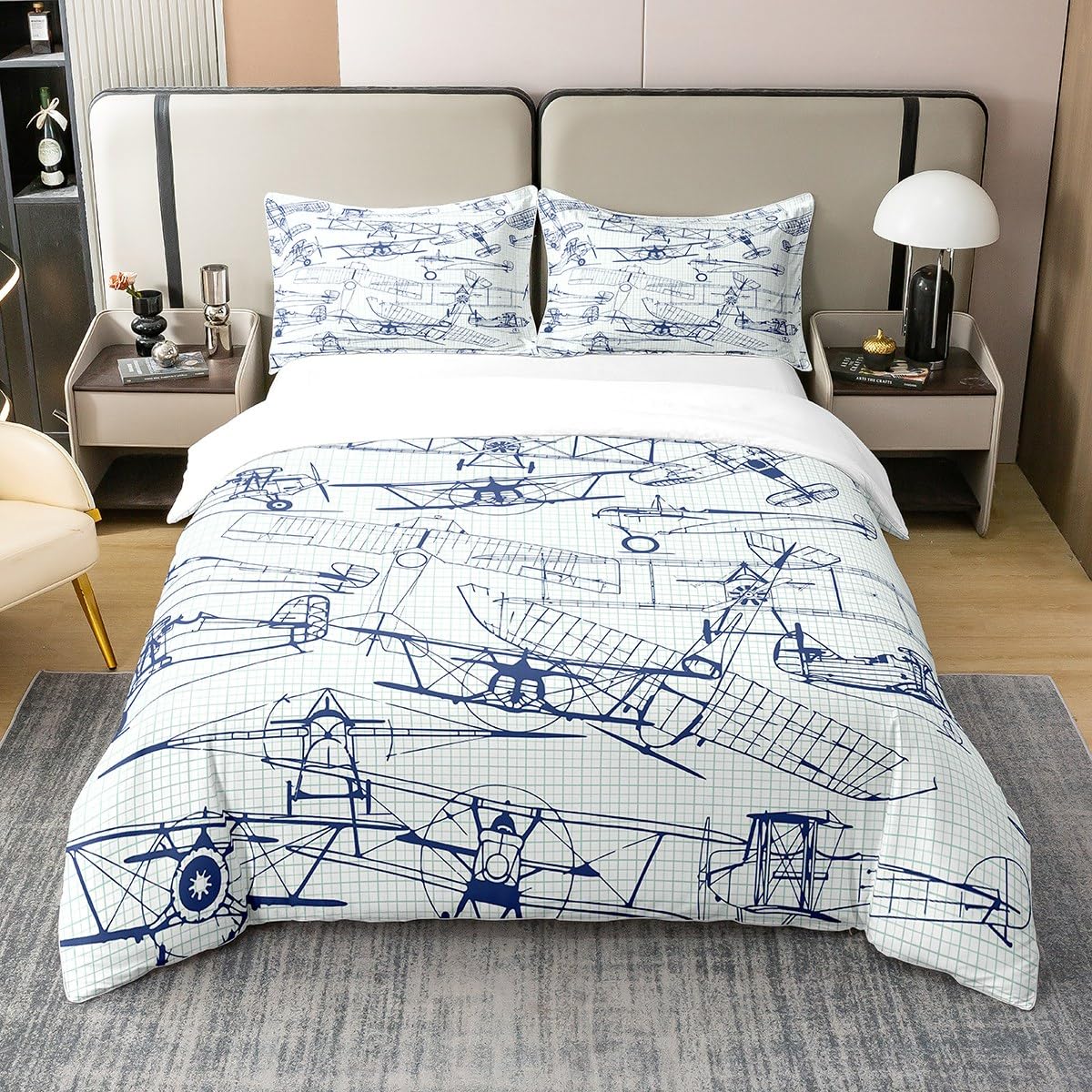 Loussiesd Airplane 100% Cotton Duvet Cover Set King Size Kids Flight Comforter Cover Set Aircraft Plaid Grid Bedding Set Helicopter Flying Plane Blue and White Bedspread Cover Room Decor Quilt Cover — image 1